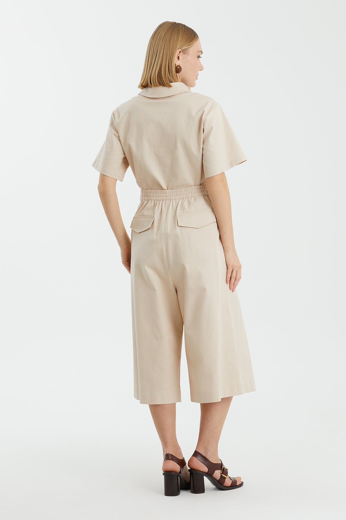 Beige Button Detail Bermuda Shorts