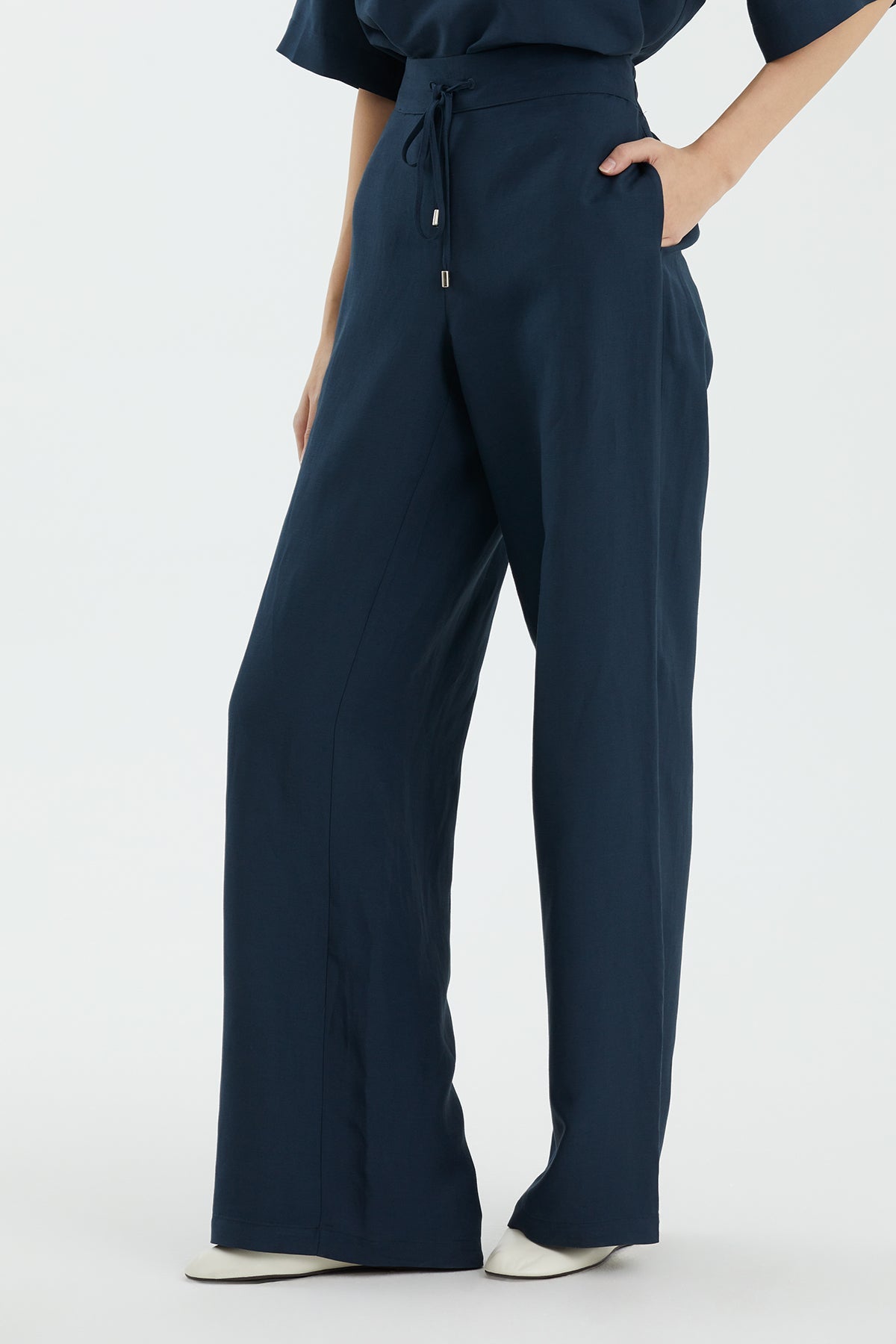 Dark Blue Tie Detail Wide-Leg Trousers
