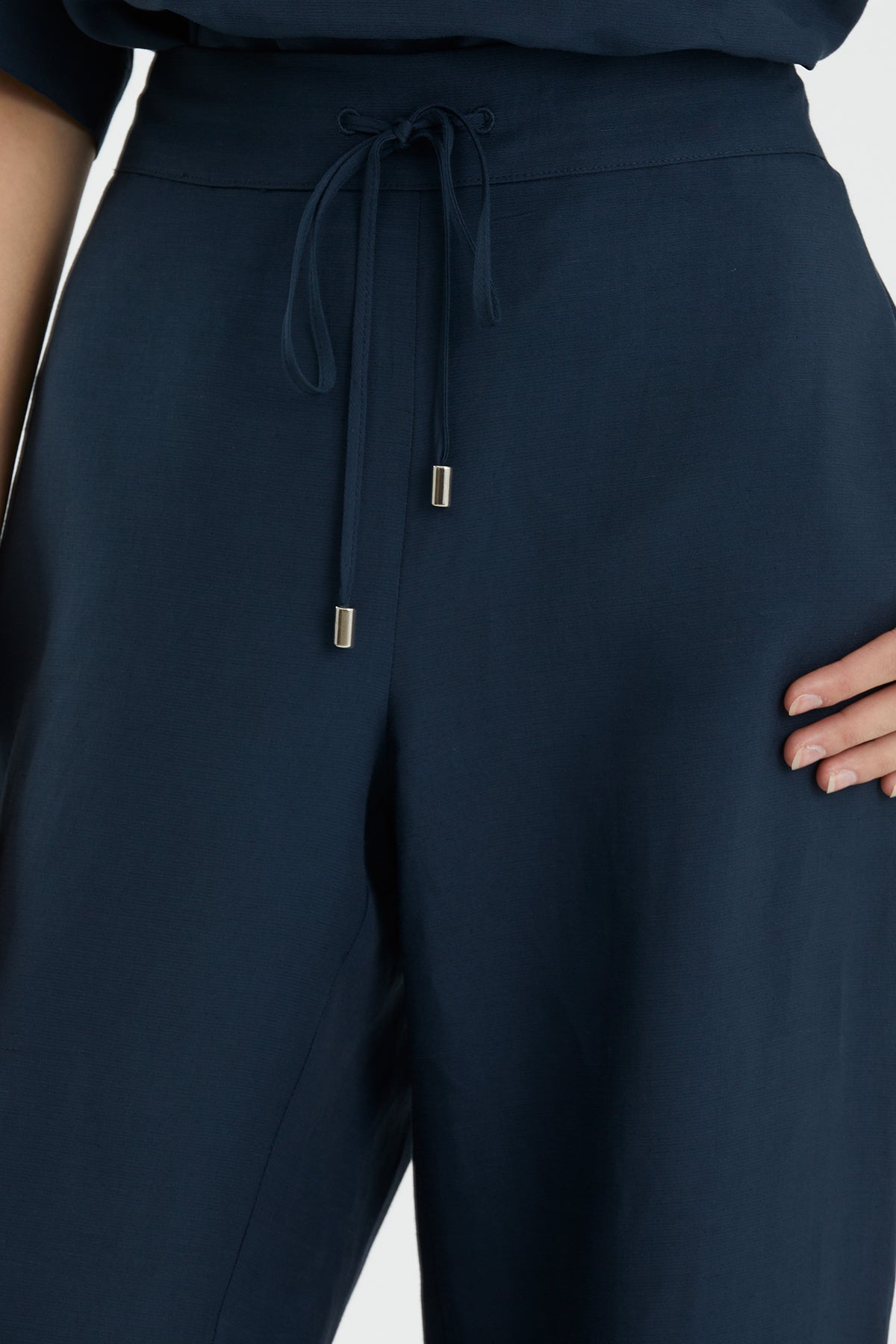 Dark Blue Tie Detail Wide-Leg Trousers