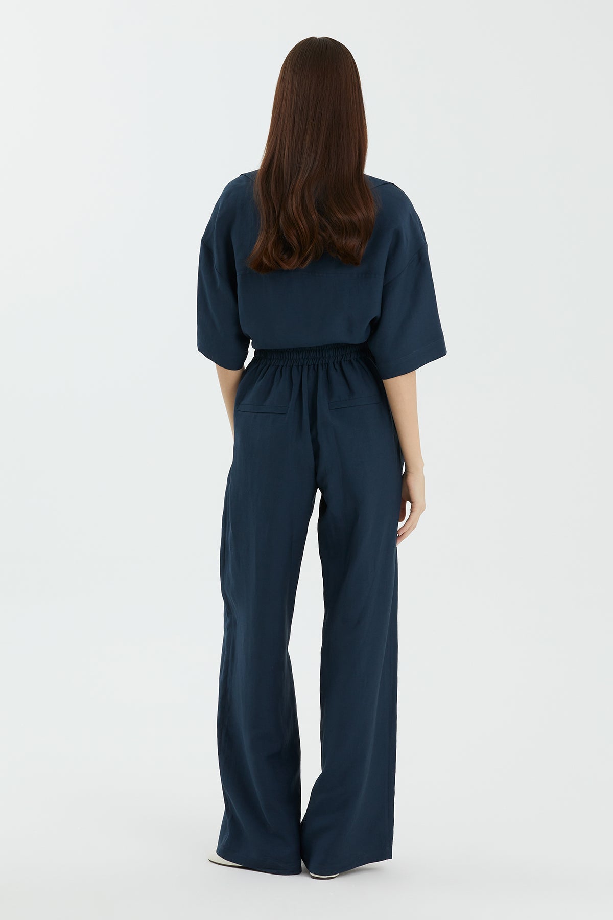 Dark Blue Tie Detail Wide-Leg Trousers