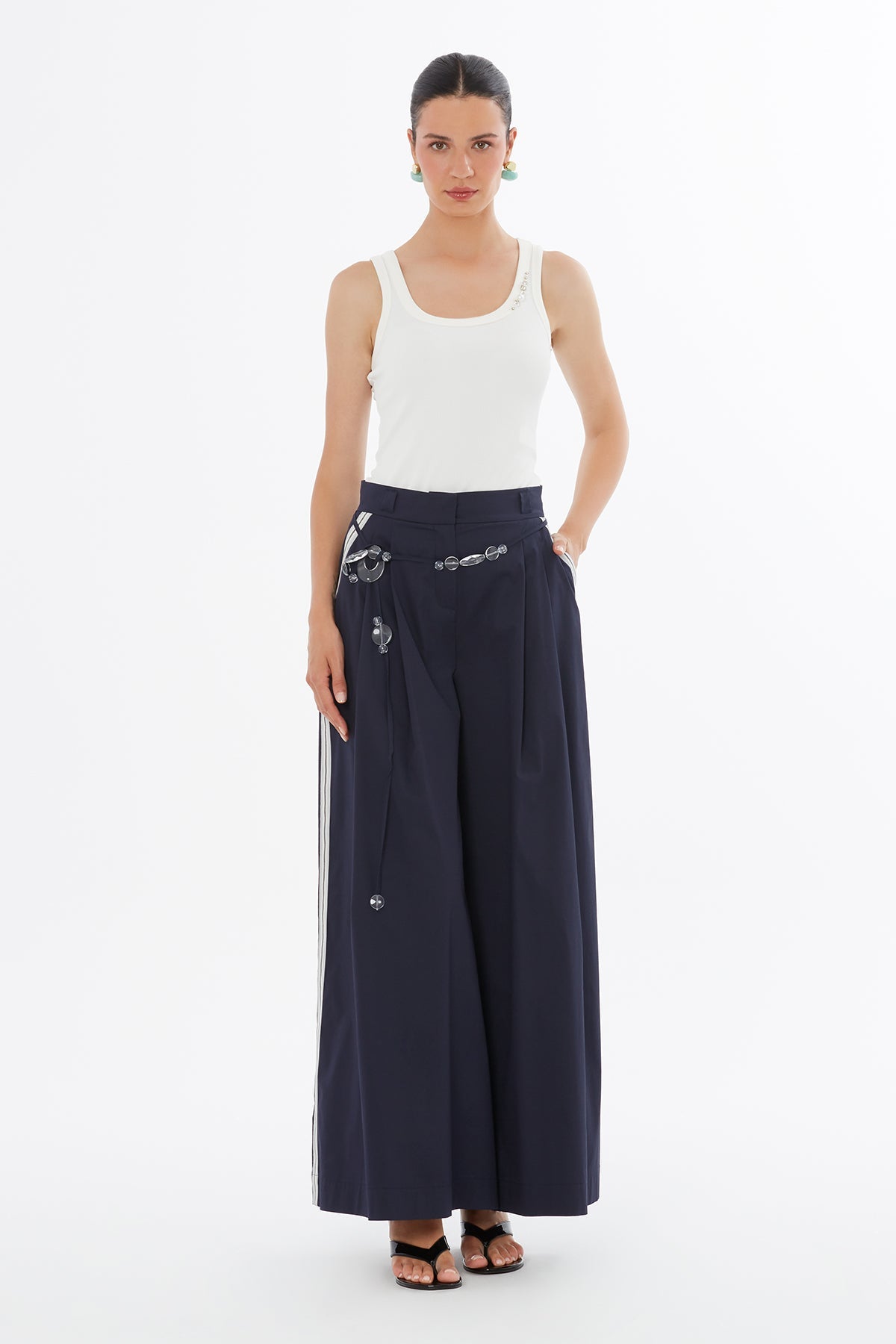 Blue Beaded Belt Trim Trousers