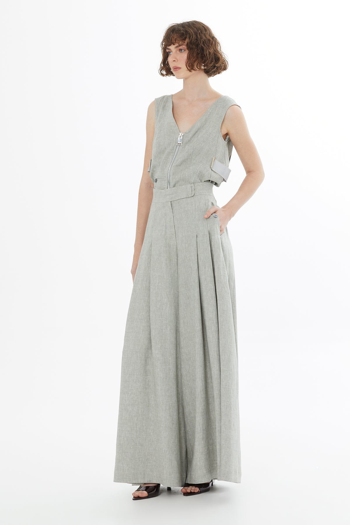 Green Belted Wide-Leg Linen Trousers