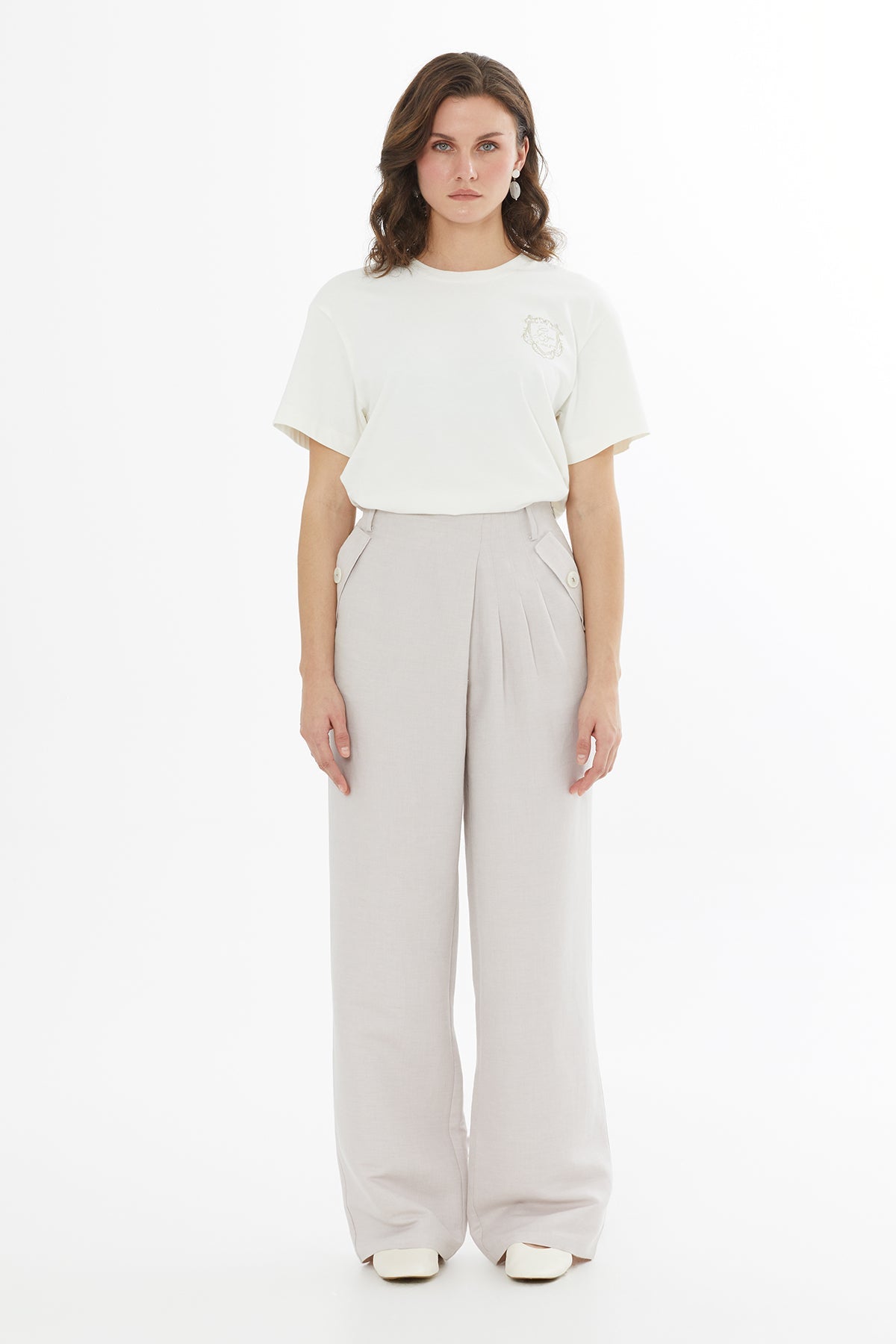 Beige Asymmetric Detail Linen Trousers