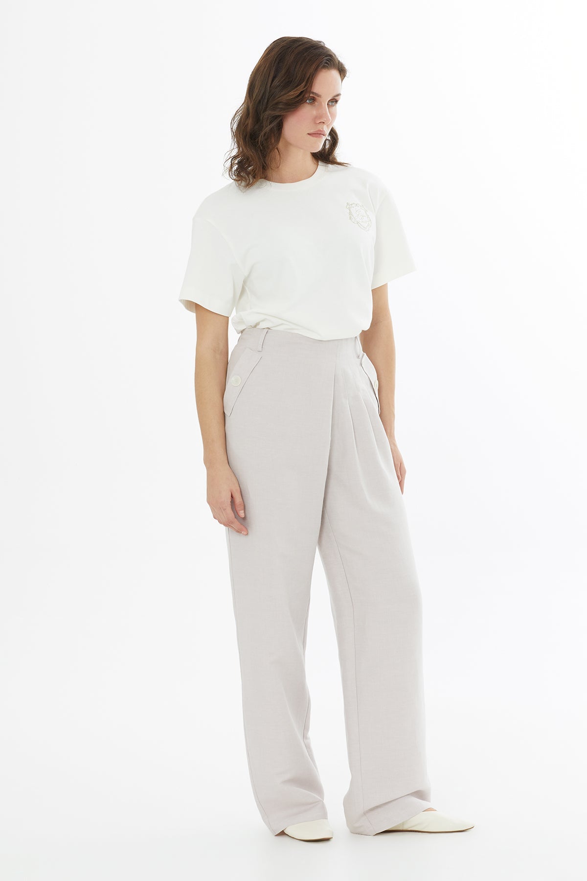 Beige Asymmetric Detail Linen Trousers