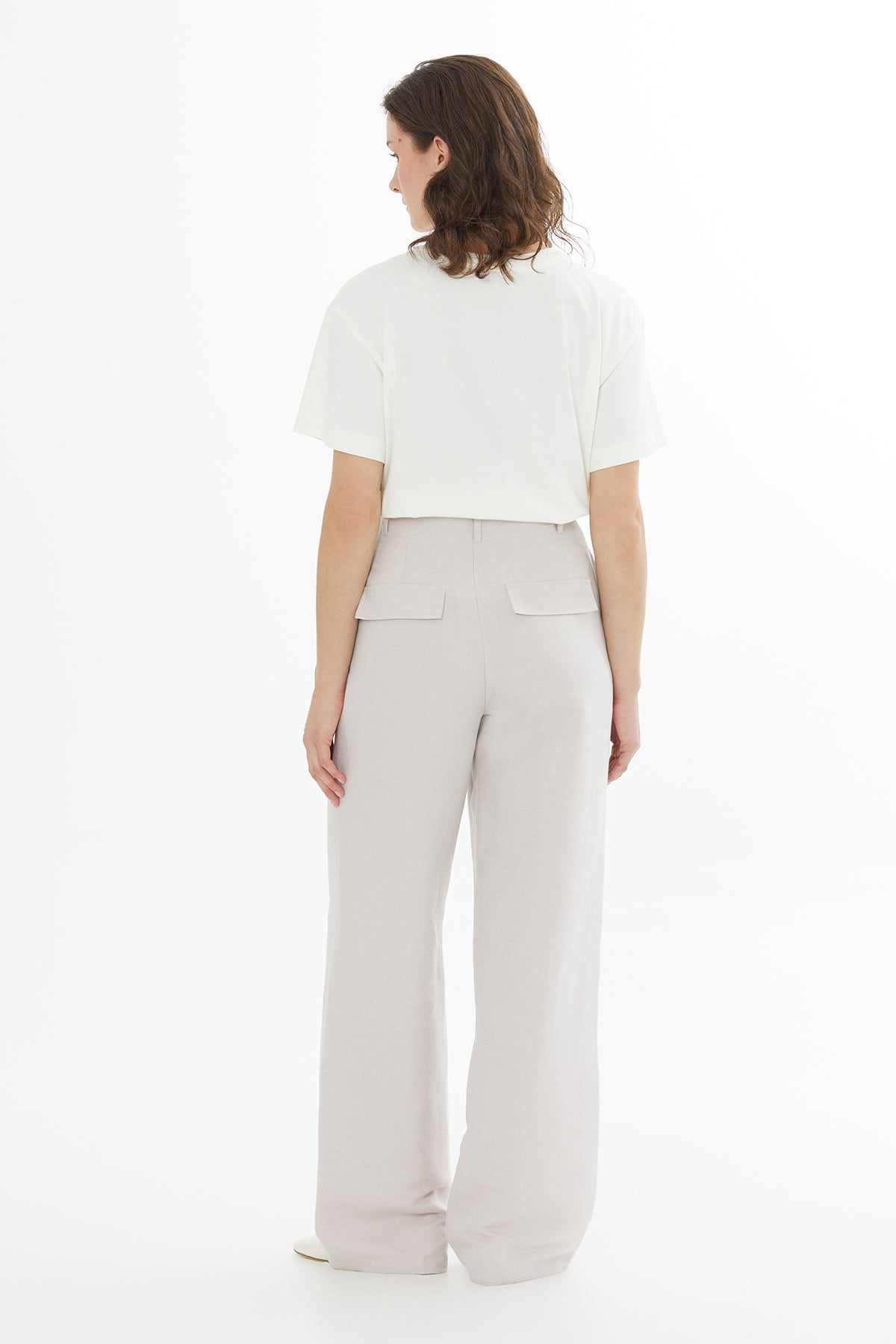 Beige Asymmetric Detail Linen Trousers