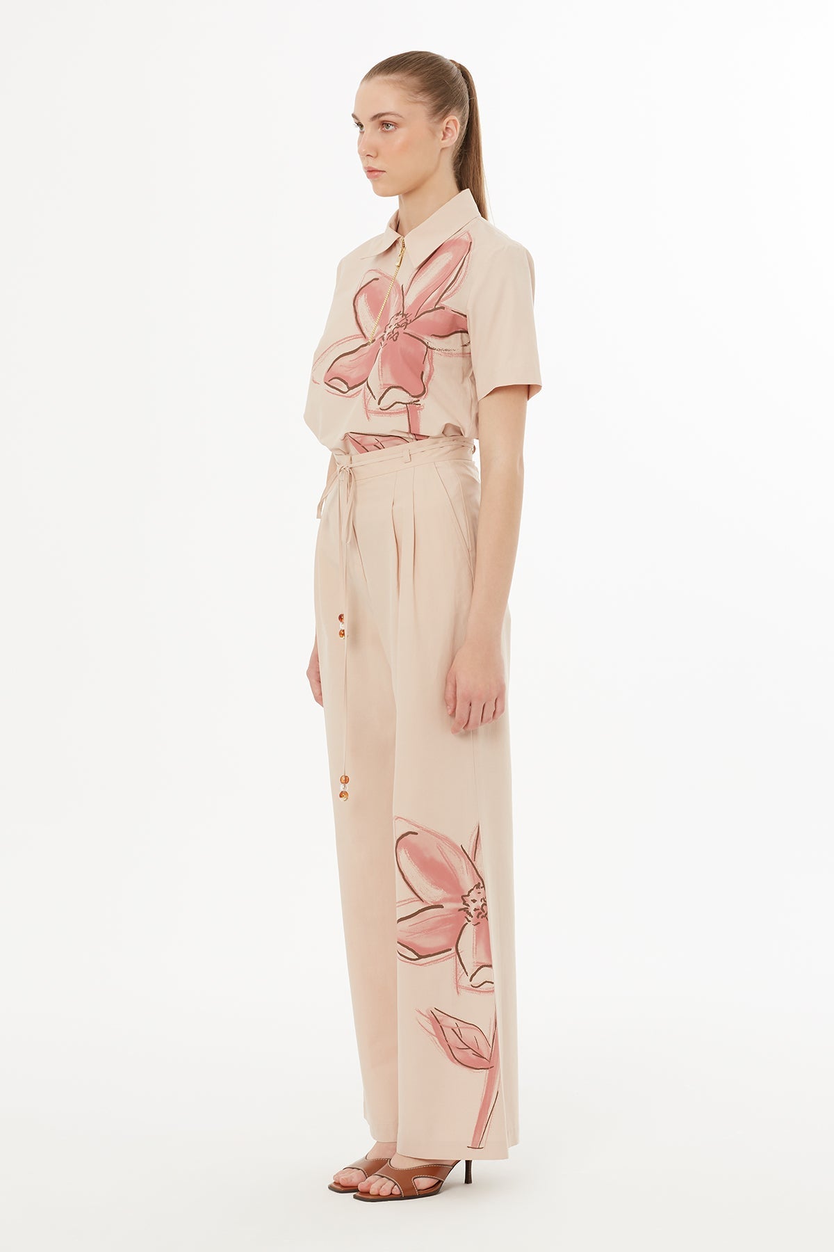 Beige Floral Print Detail Woven Pants