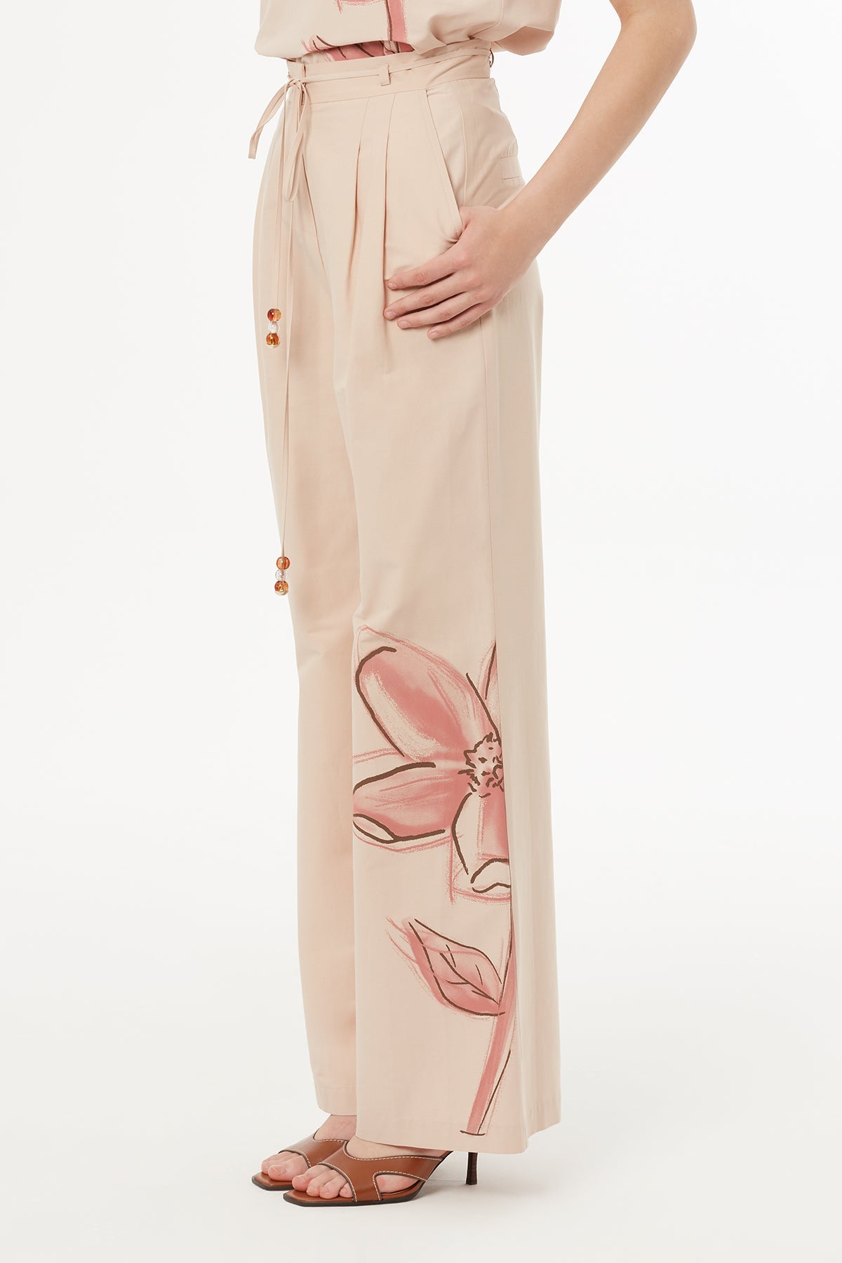 Beige Floral Print Detail Woven Pants