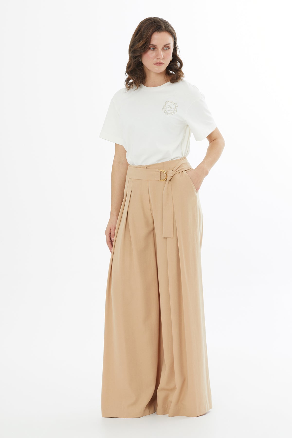 Beige Removable Belt Trousers
