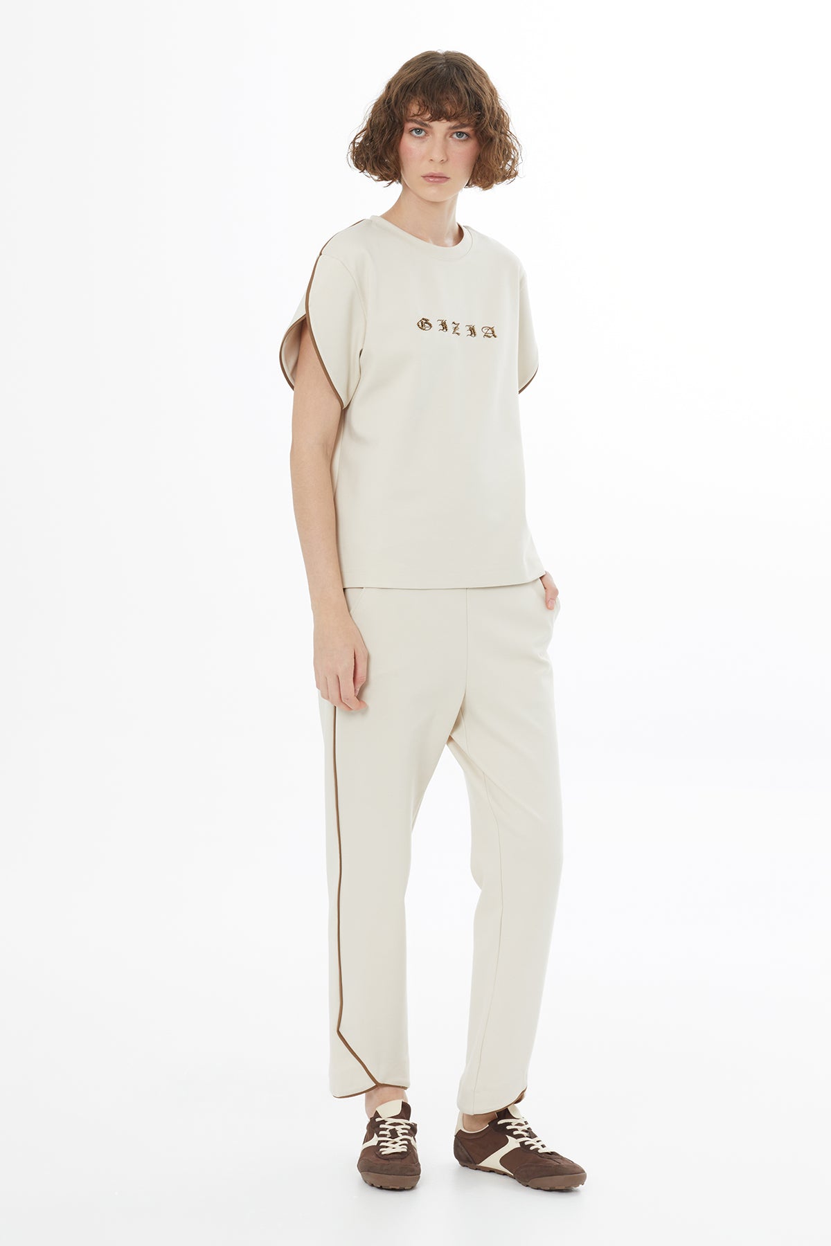 Beige Embroidered Detail T-Shirt