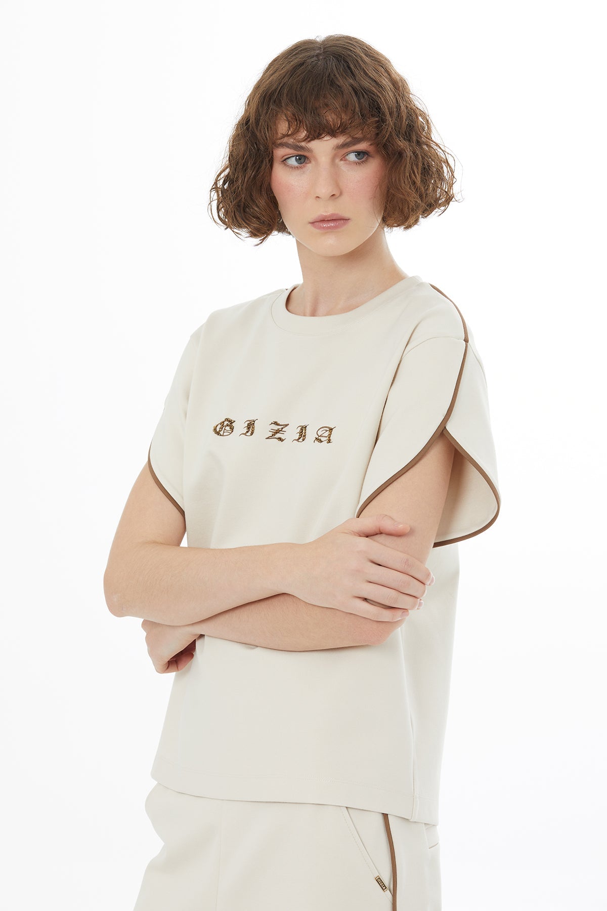Beige Embroidered Detail T-Shirt