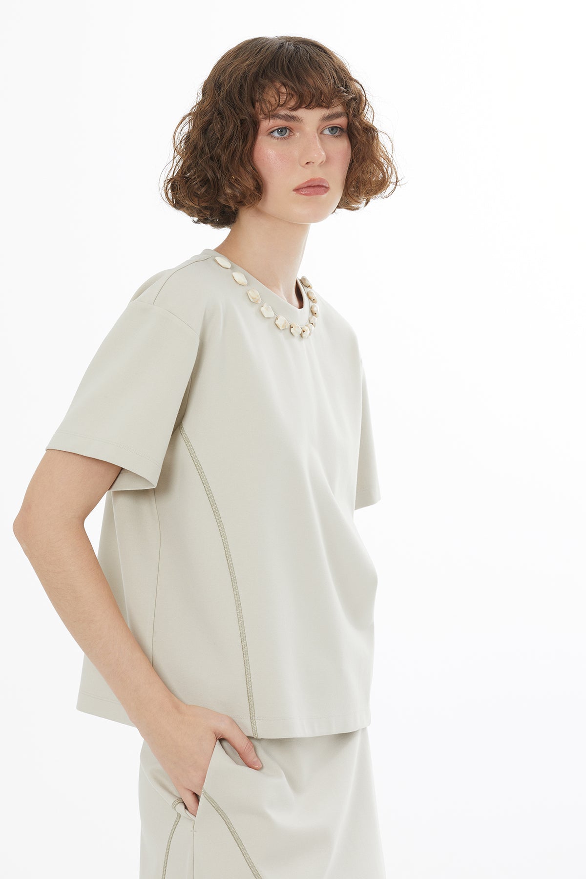 Beige Topstitched Embroidered T-Shirt