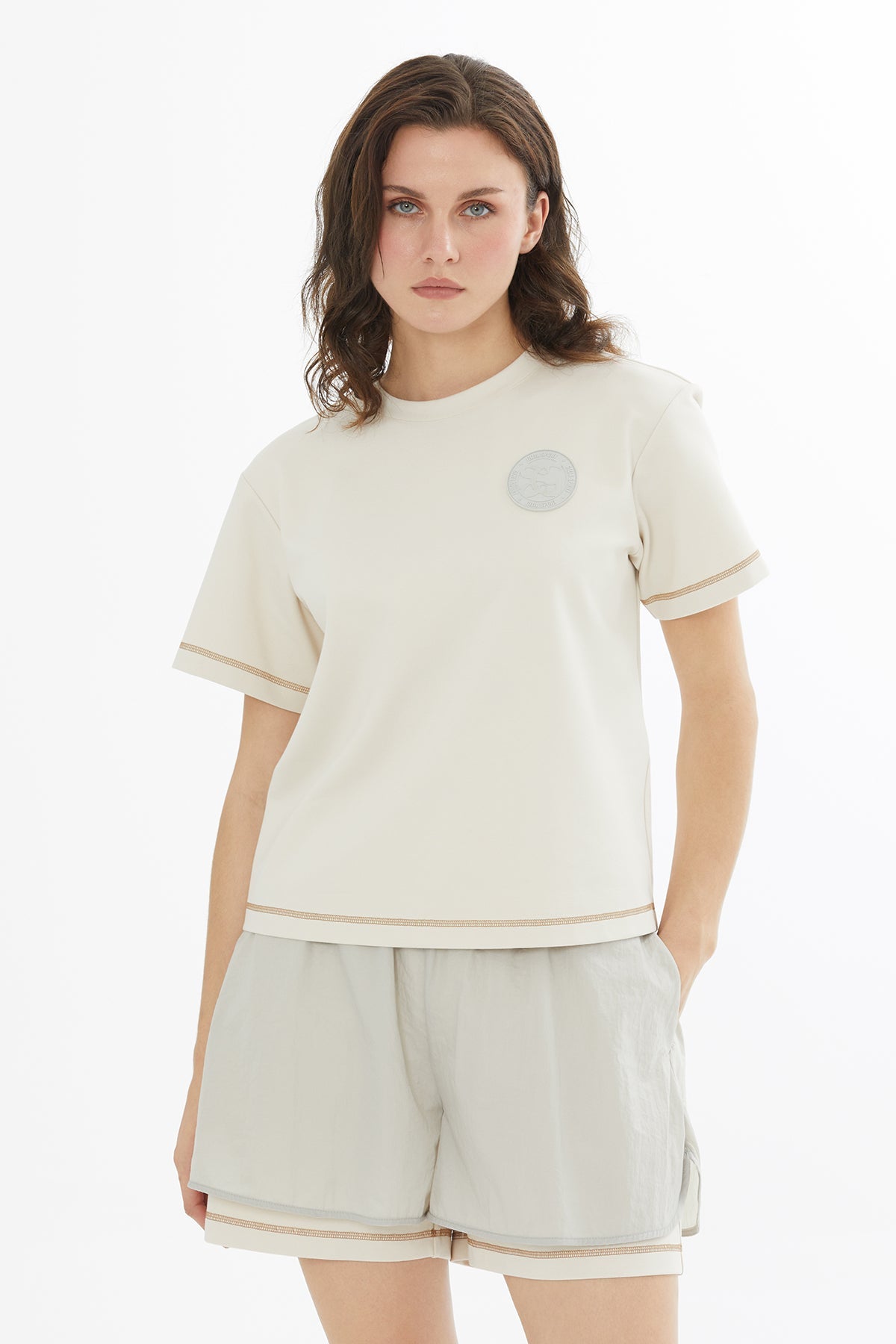Beige Logo Label Detailed Topstitched T-Shirt