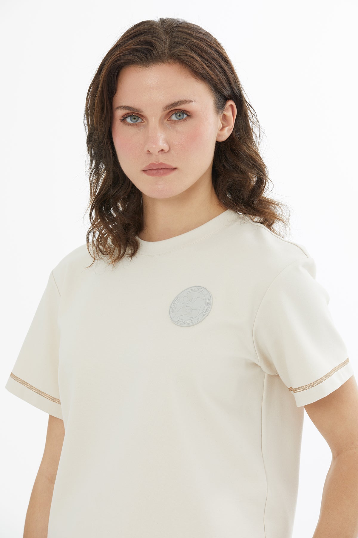 Beige Logo Label Detailed Topstitched T-Shirt