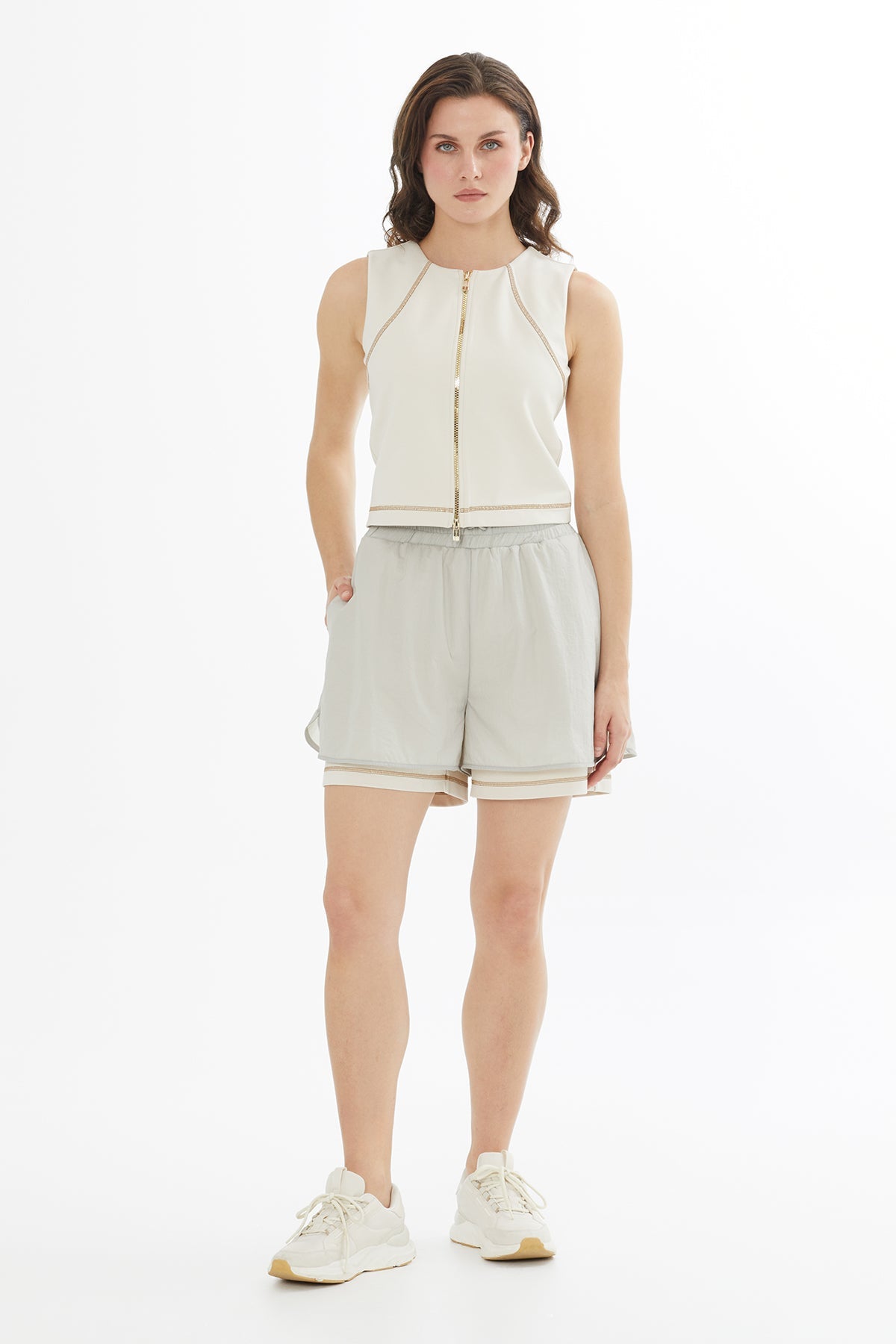 Beıge Logo Label Detailed Topstitched Zip Blouse