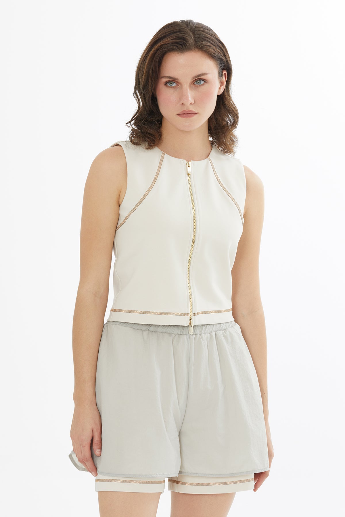 Beıge Logo Label Detailed Topstitched Zip Blouse