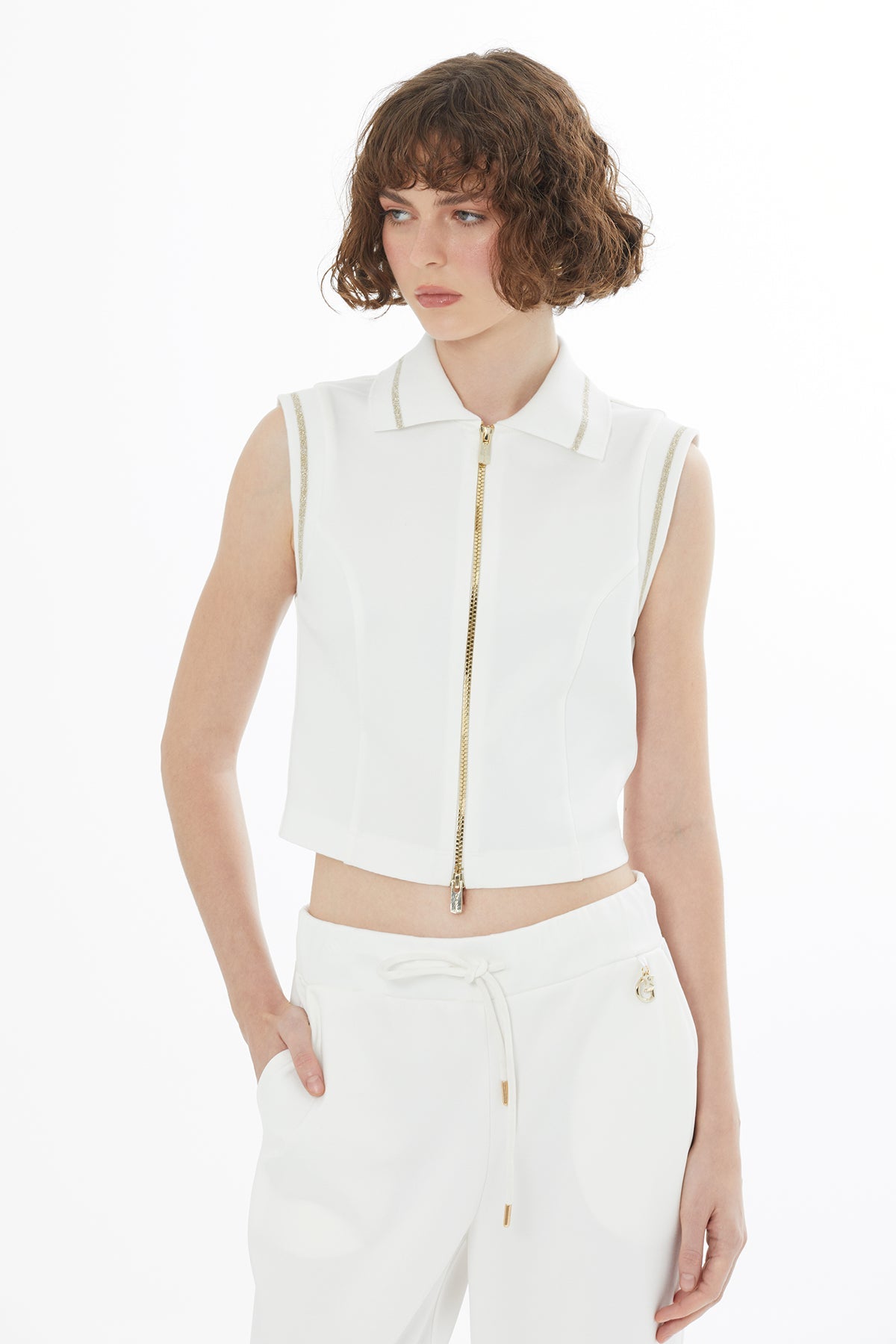 Ecru Knitted Detail Zip T-Shirt