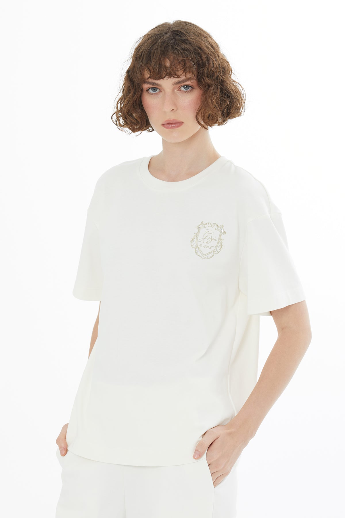 Ecru Embroidered and Crystal Appliqué T-Shirt