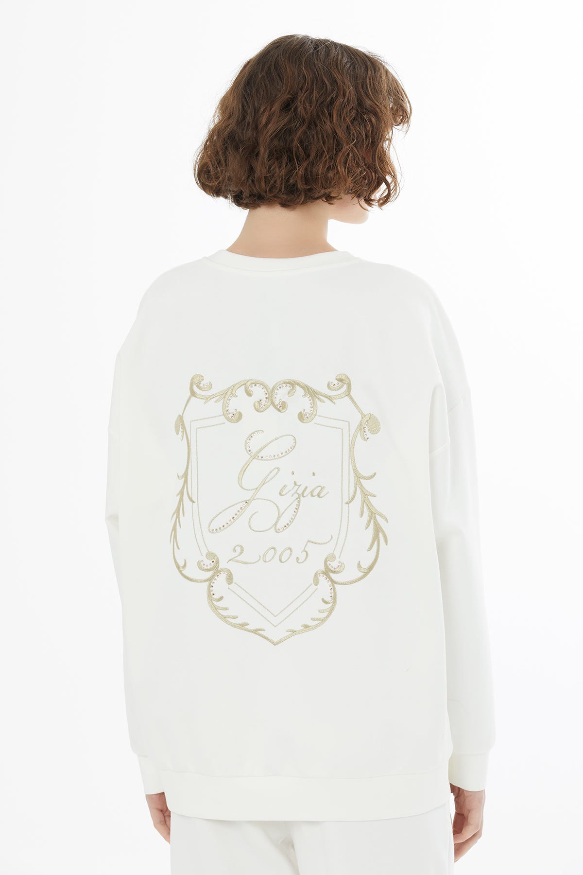 Ecru Embroidered Crystal Appliqué Sweatshirt