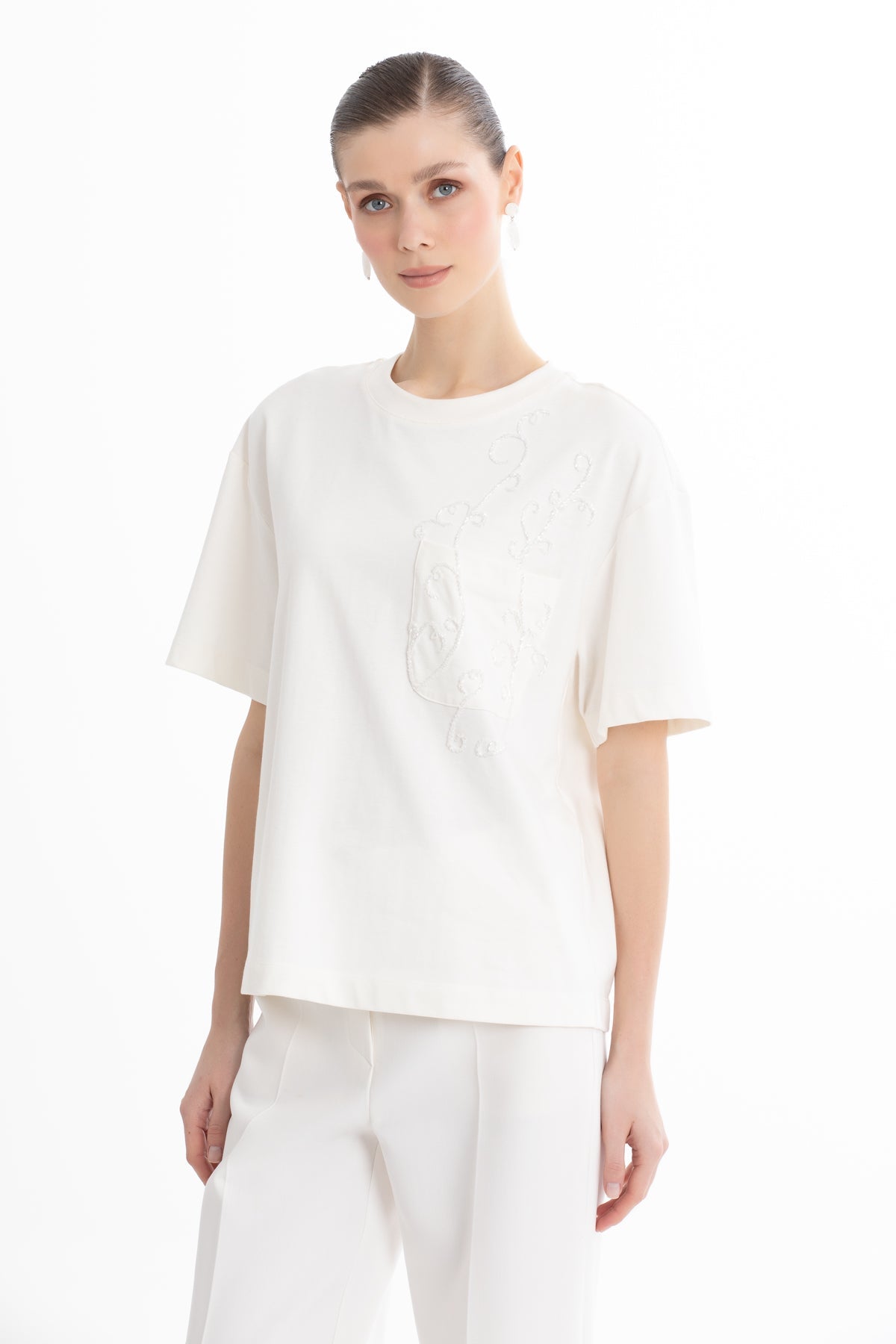 Ecru Embroidered Oversized White T-Shirt