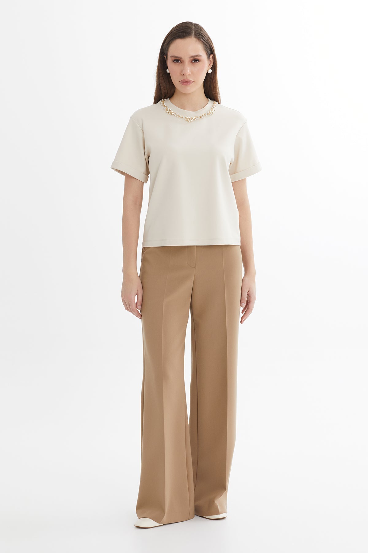 Beige Oversized Embellished Short-Sleeve T-Shirt