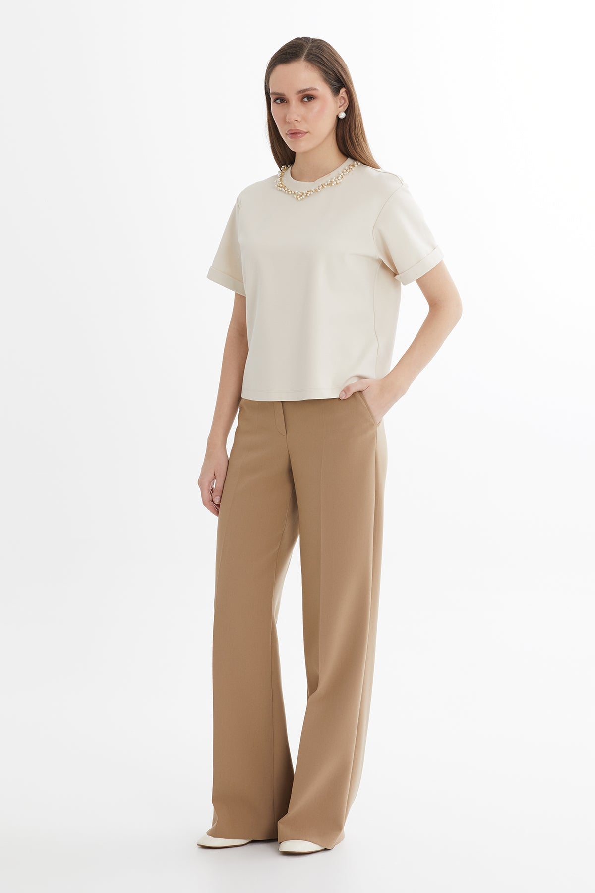 Beige Oversized Embellished Short-Sleeve T-Shirt