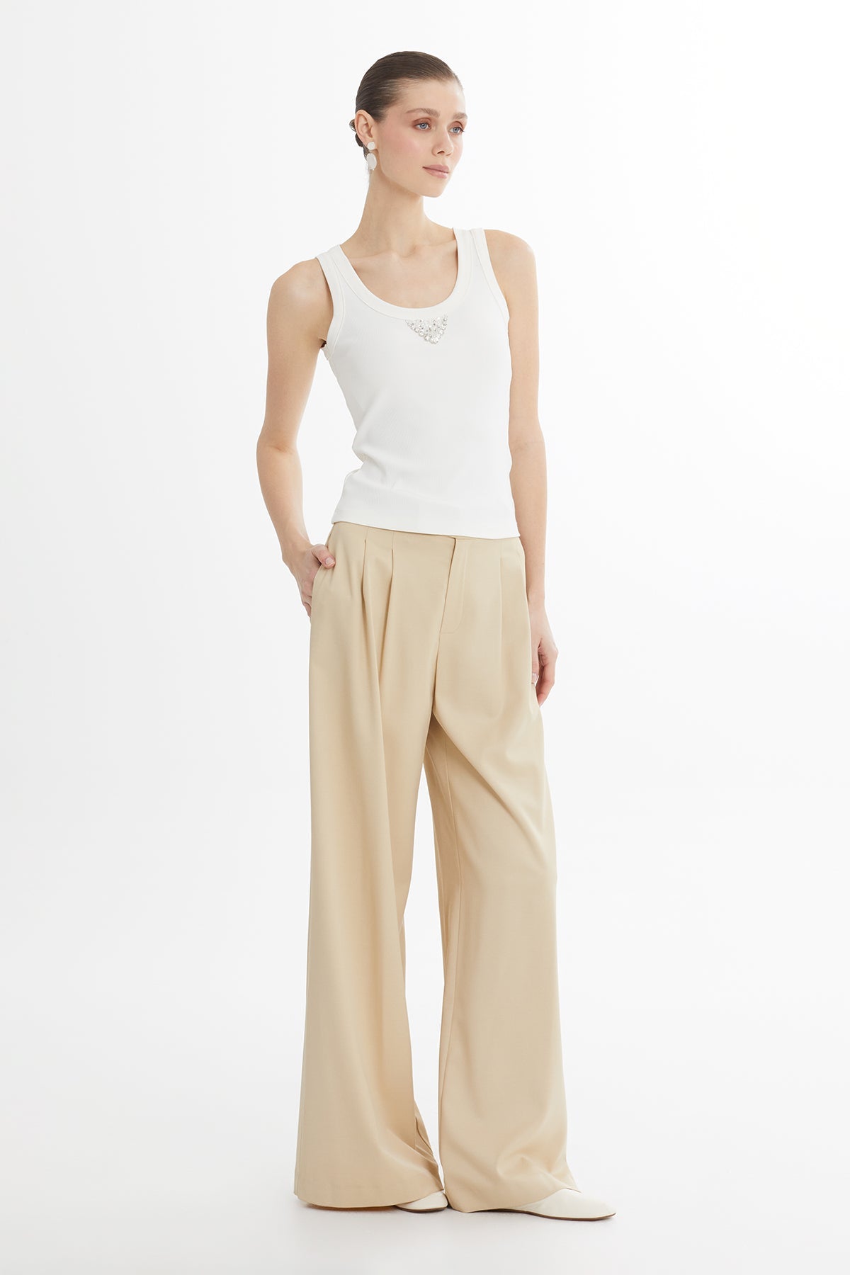 Ecru Embroidered Detail Tank Top