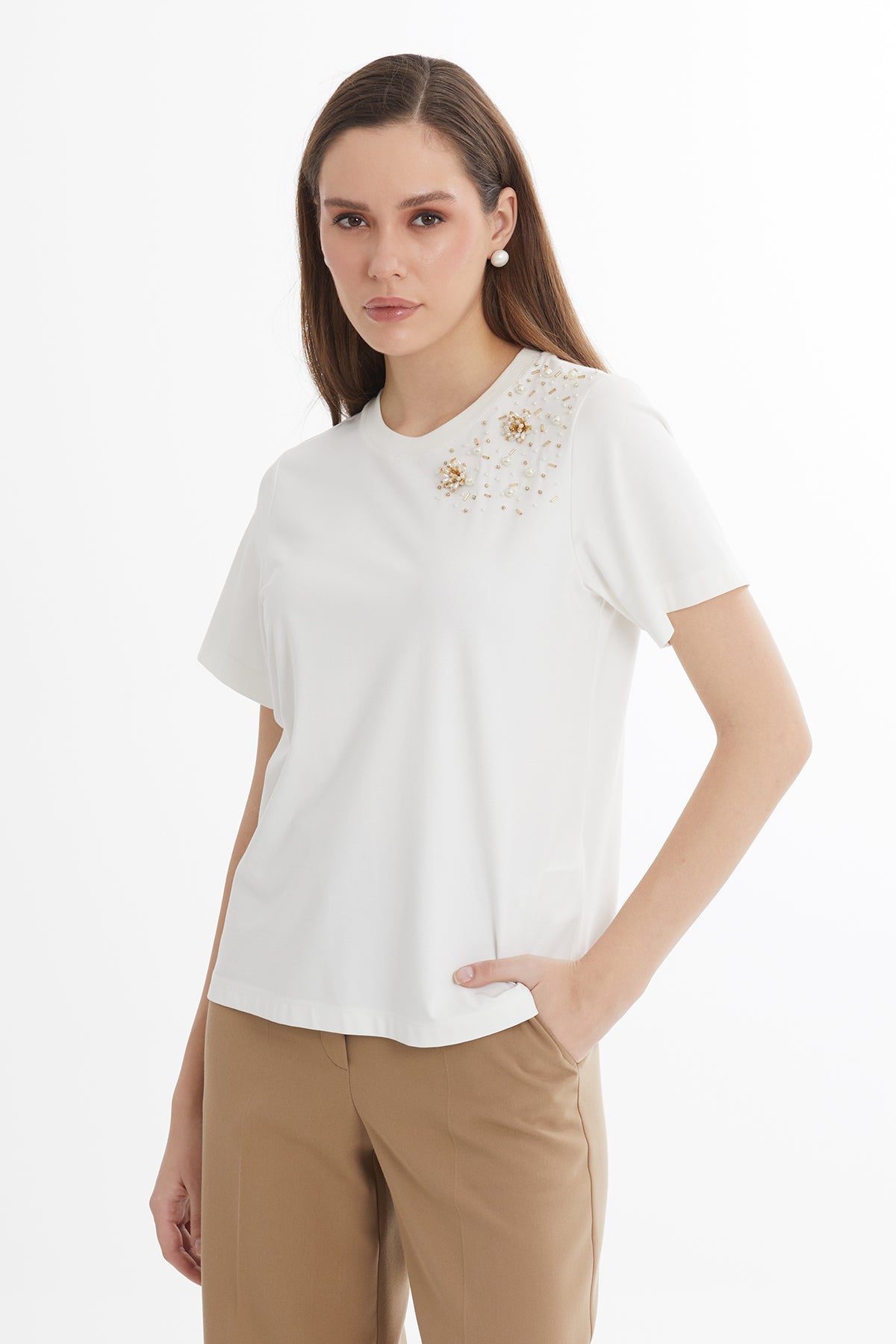 Ecru Embroidered Detail T-Shirt