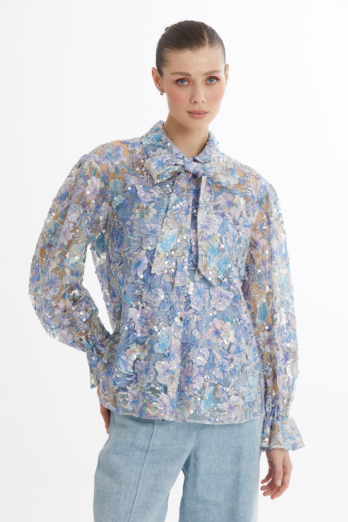 Blue Embroidered Sequin Shirt