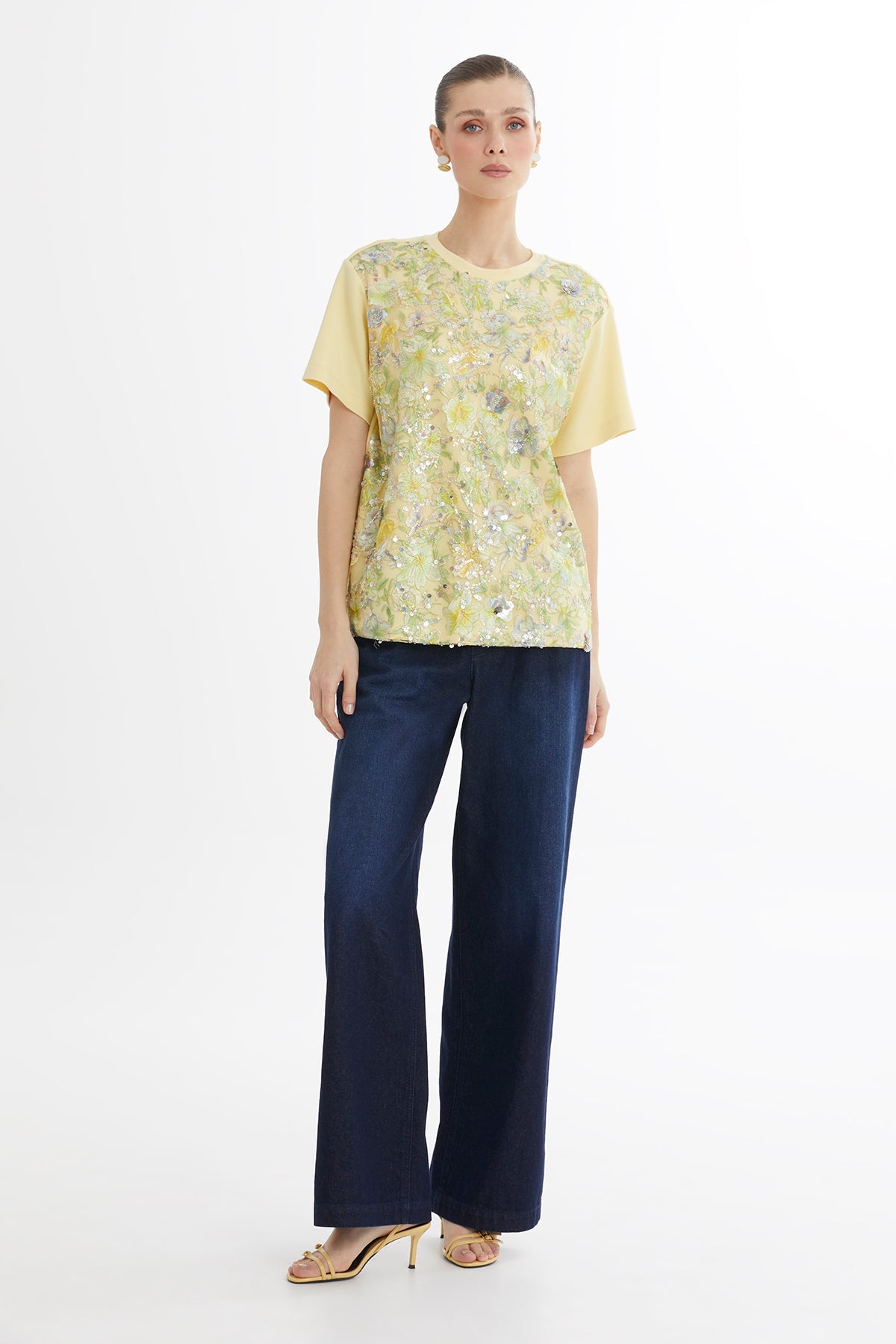 Green Color Embroidery Sequin T-Shirt