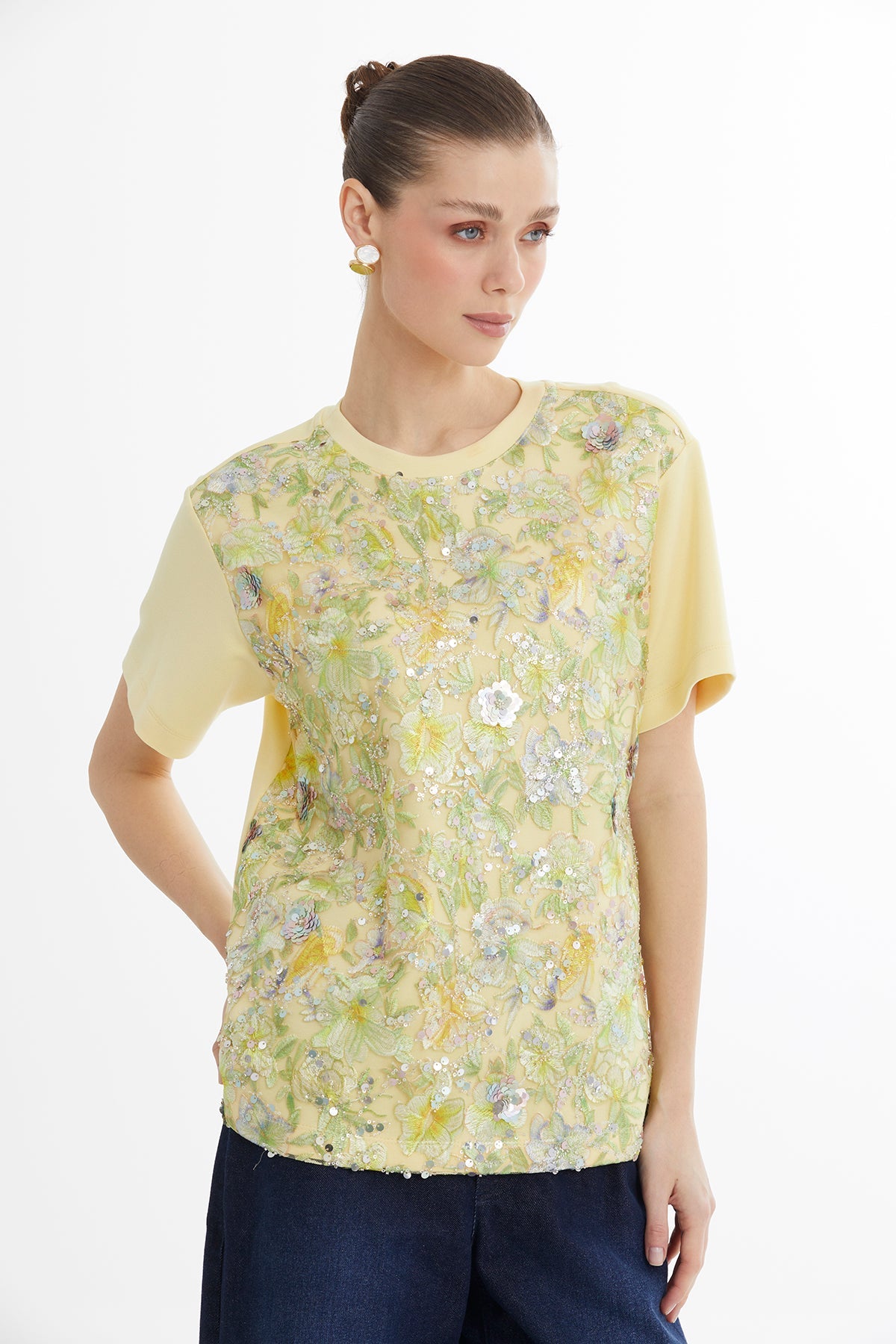 Green Color Embroidery Sequin T-Shirt