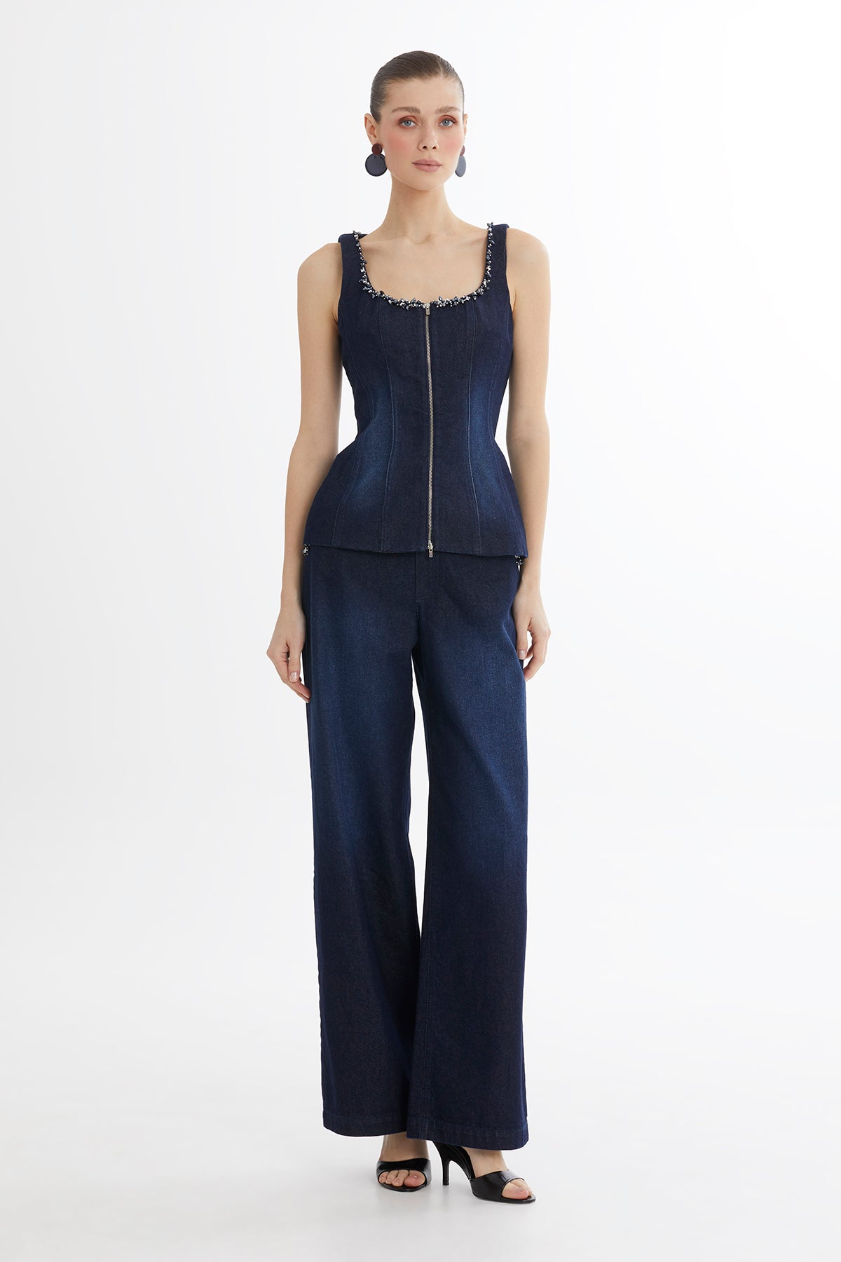 Blue Embroidered Collar Denim Blouse