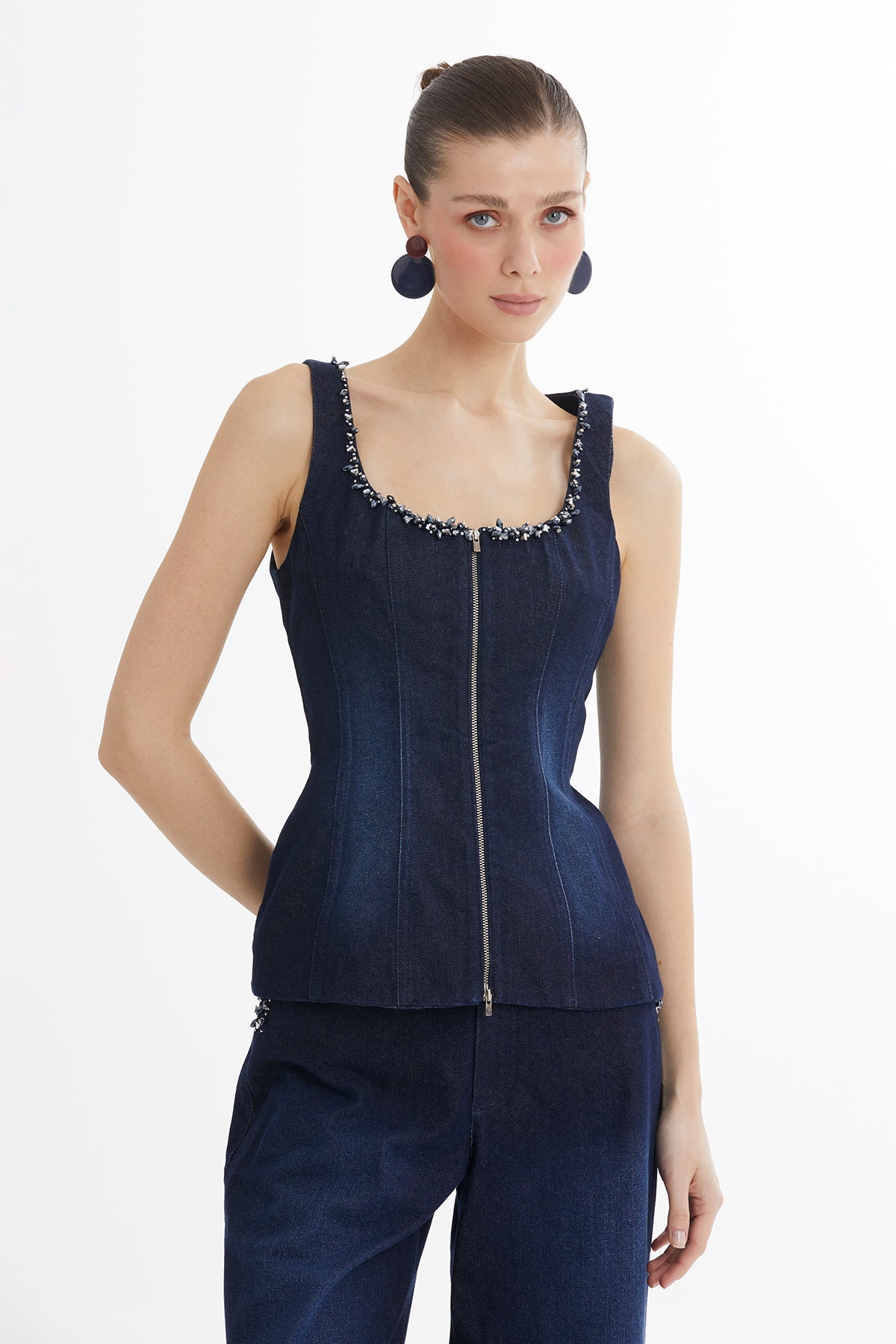 Blue Embroidered Collar Denim Blouse
