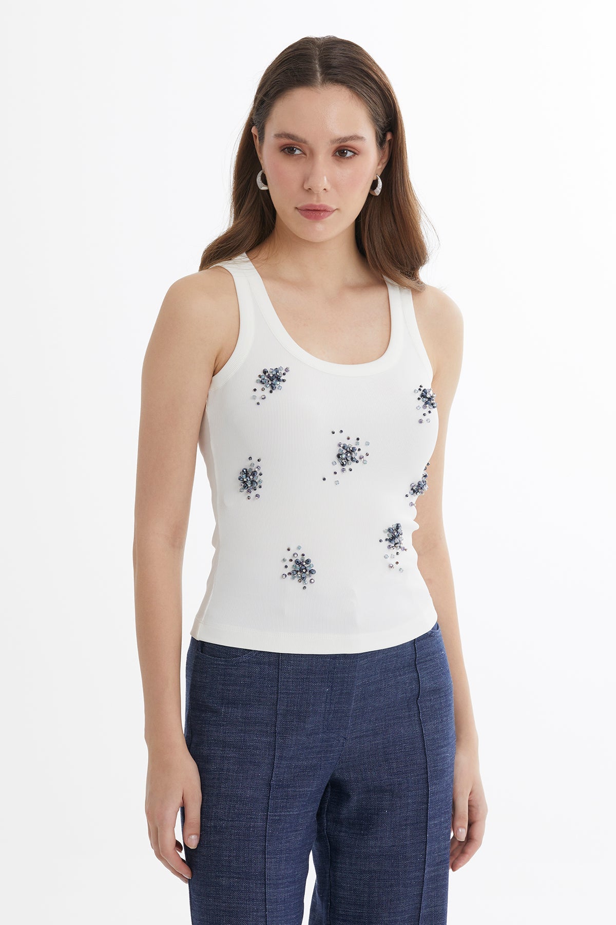 Ecru Embroidered Detail Tank Top