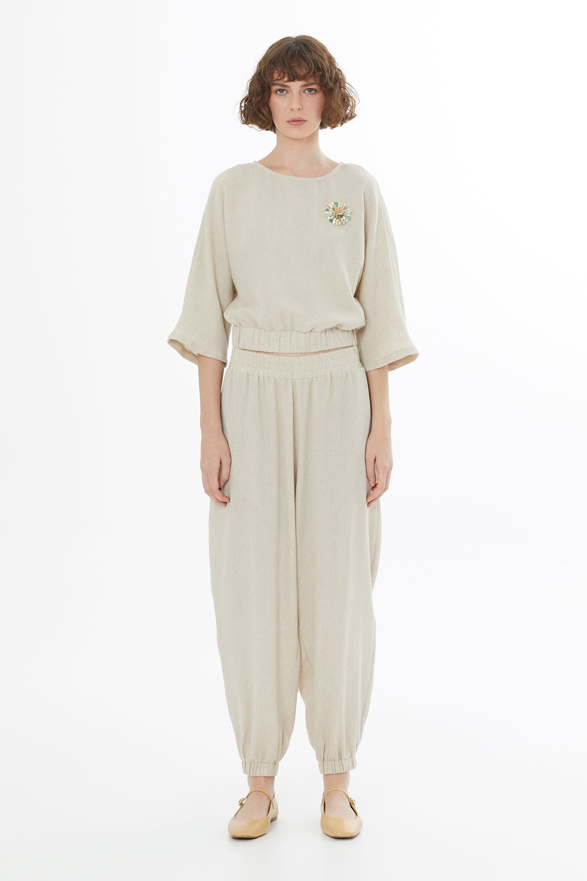 Beige Crystal Brooch Embroidered Blouse