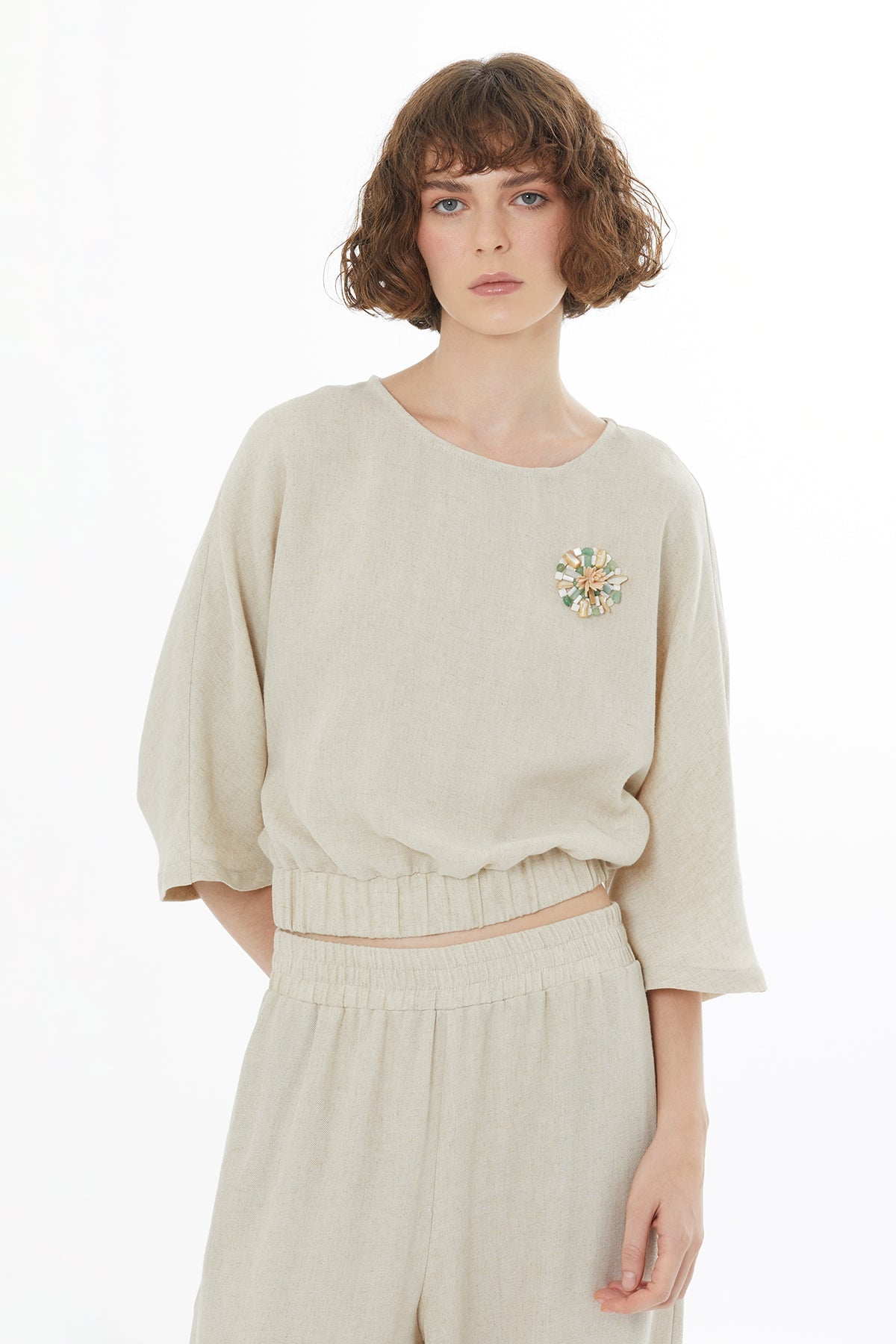 Beige Crystal Brooch Embroidered Blouse