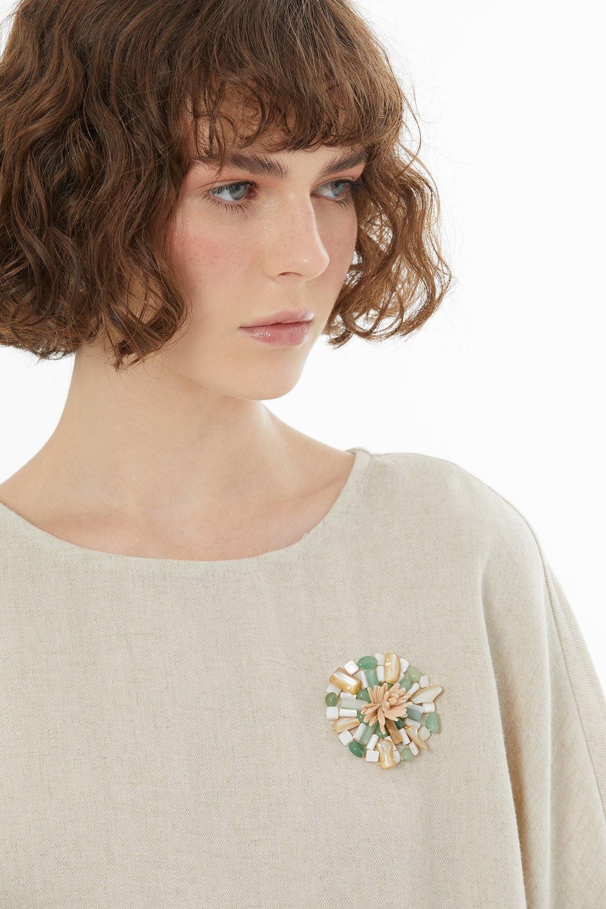 Beige Crystal Brooch Embroidered Blouse