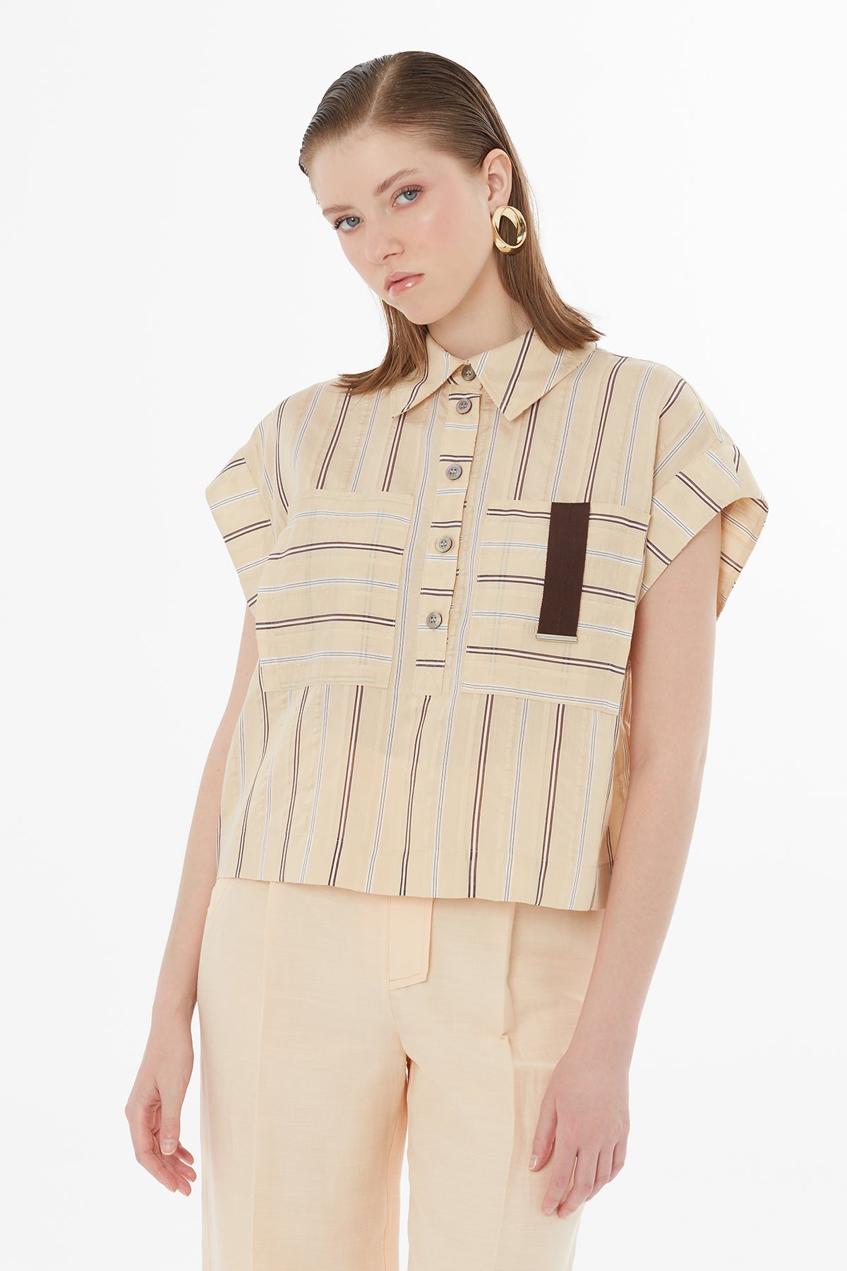Orange Stripe Detail Pocket Blouse