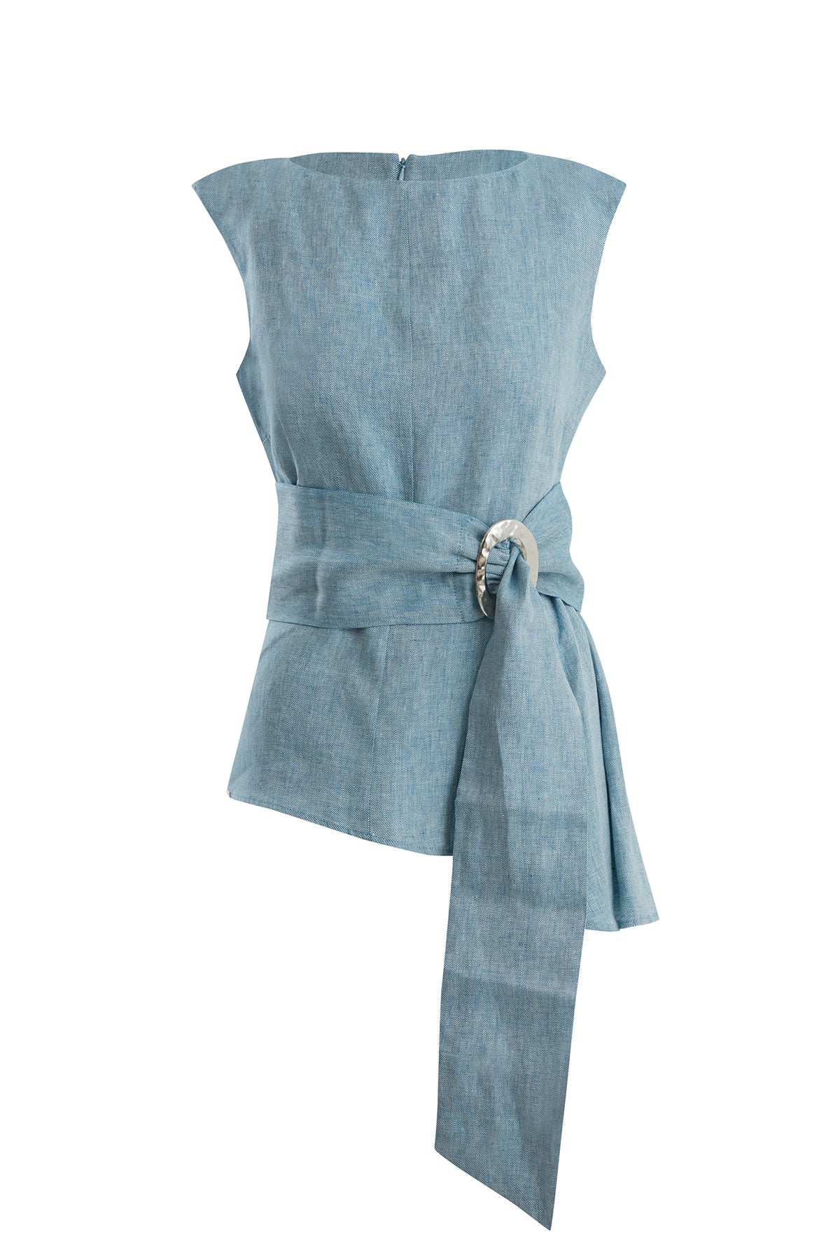 Blue Buckle-Belt Linen Blouse