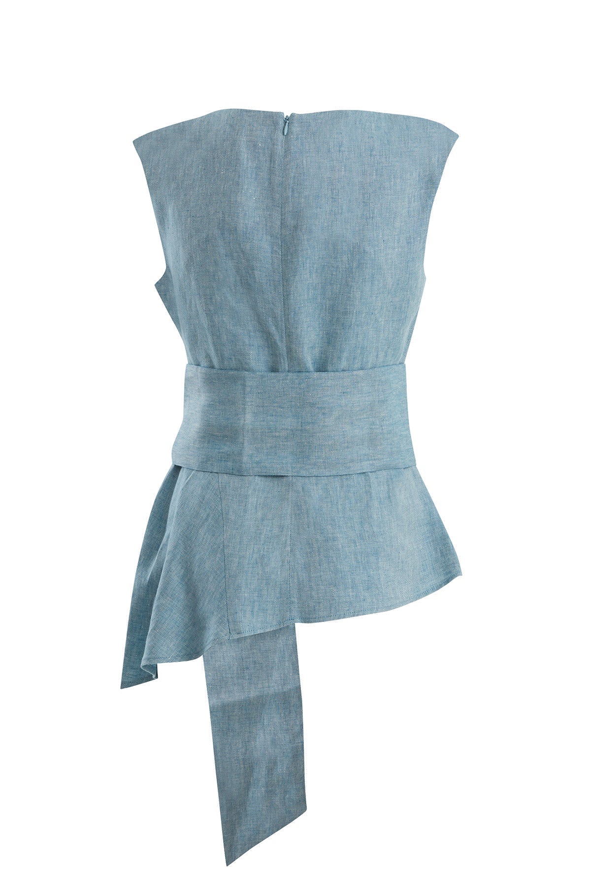 Blue Buckle-Belt Linen Blouse