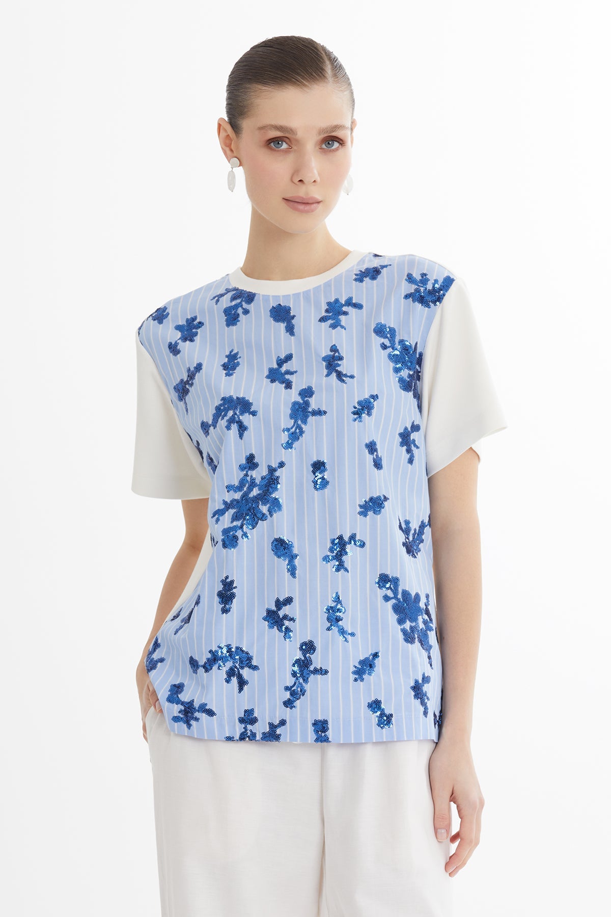 Blue Striped Sequin T-Shirt