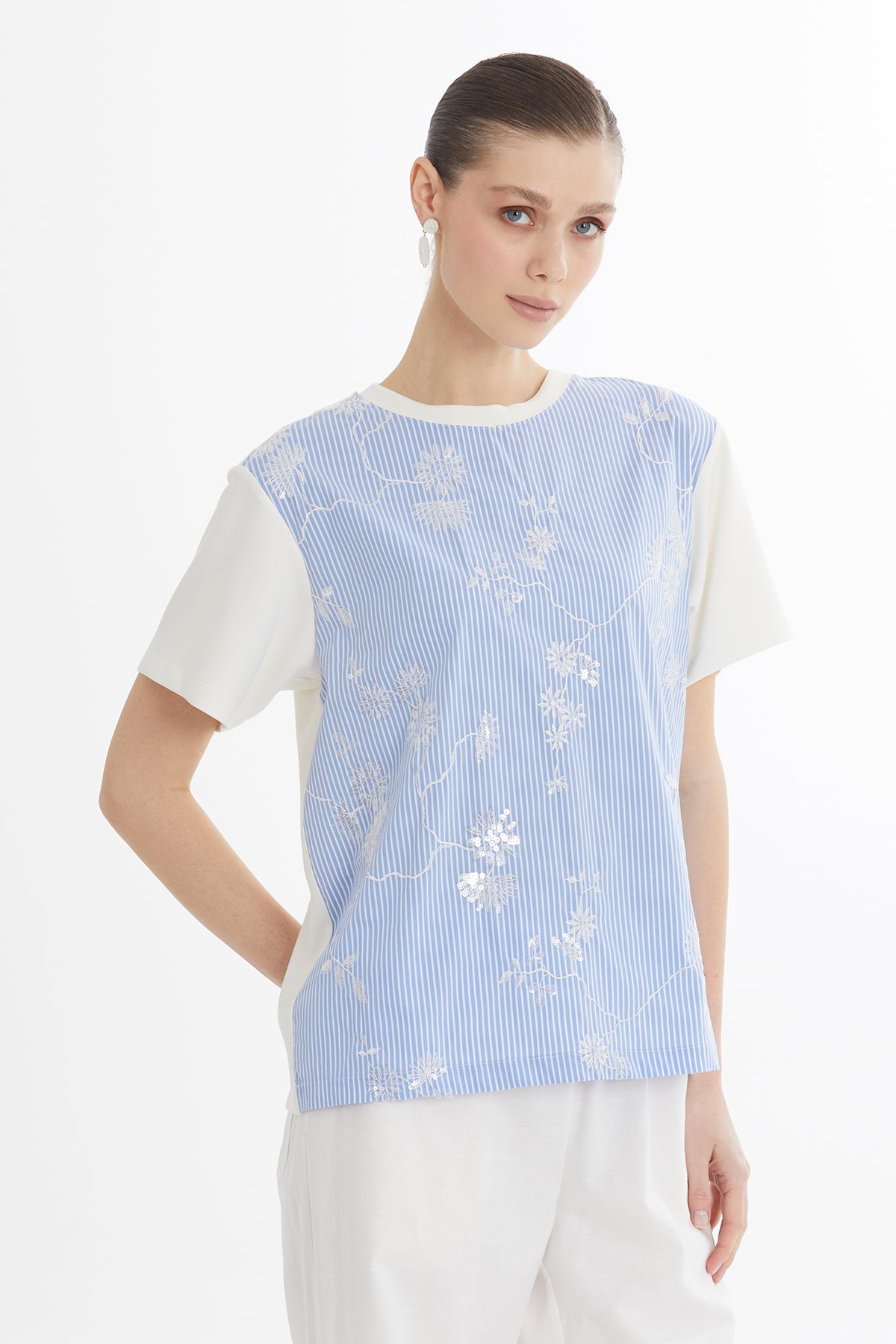 Blue Sequin Embroidered T-Shirt