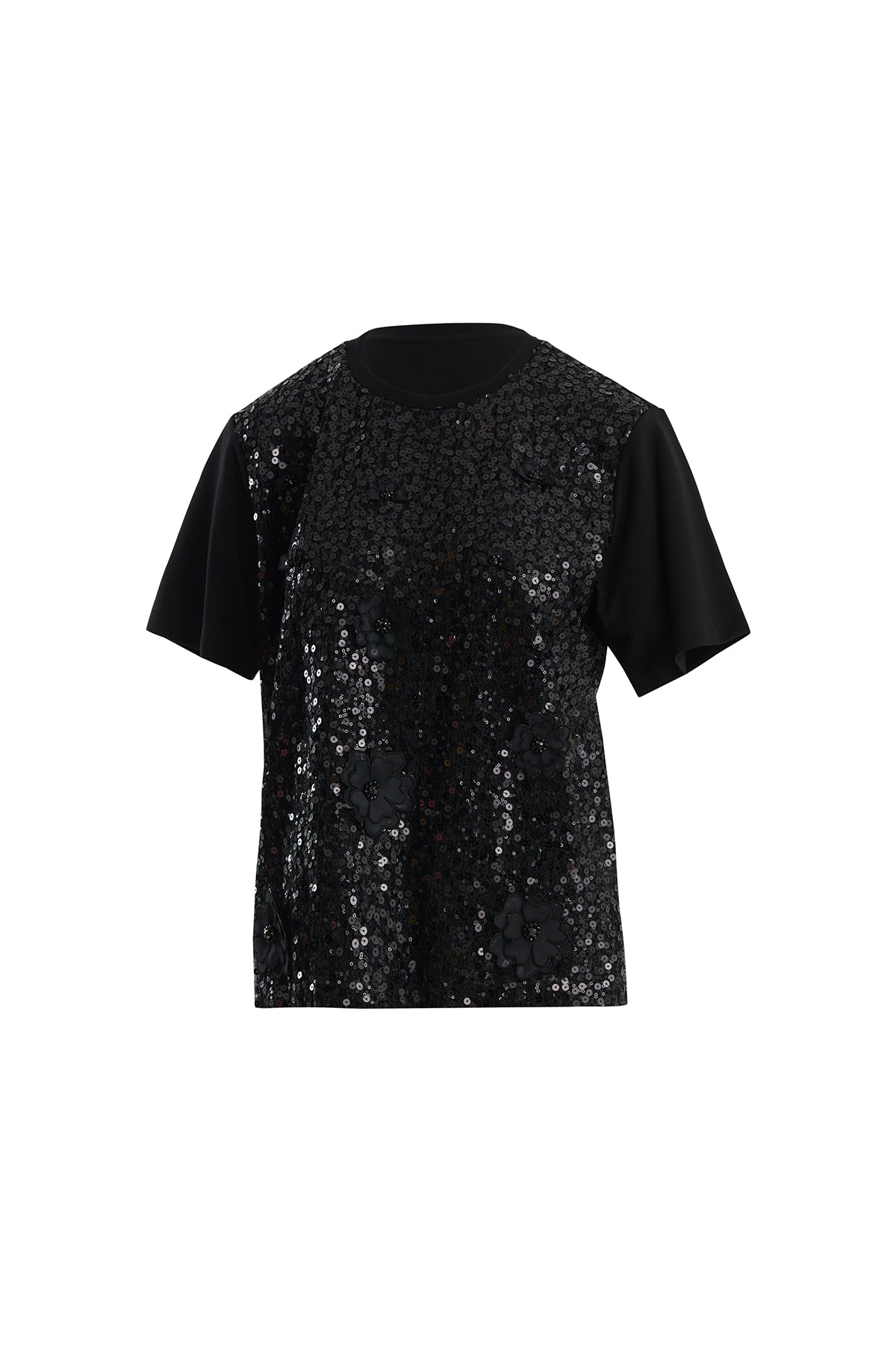 Black Floral Embellished Sequin T-Shirt