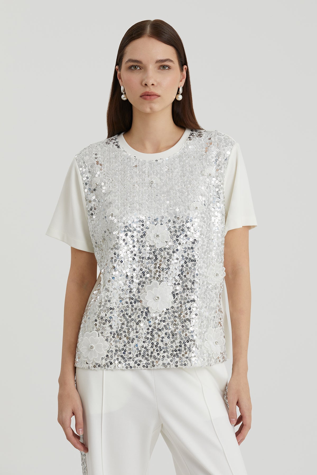 White Floral Embellished Sequin T-Shirt
