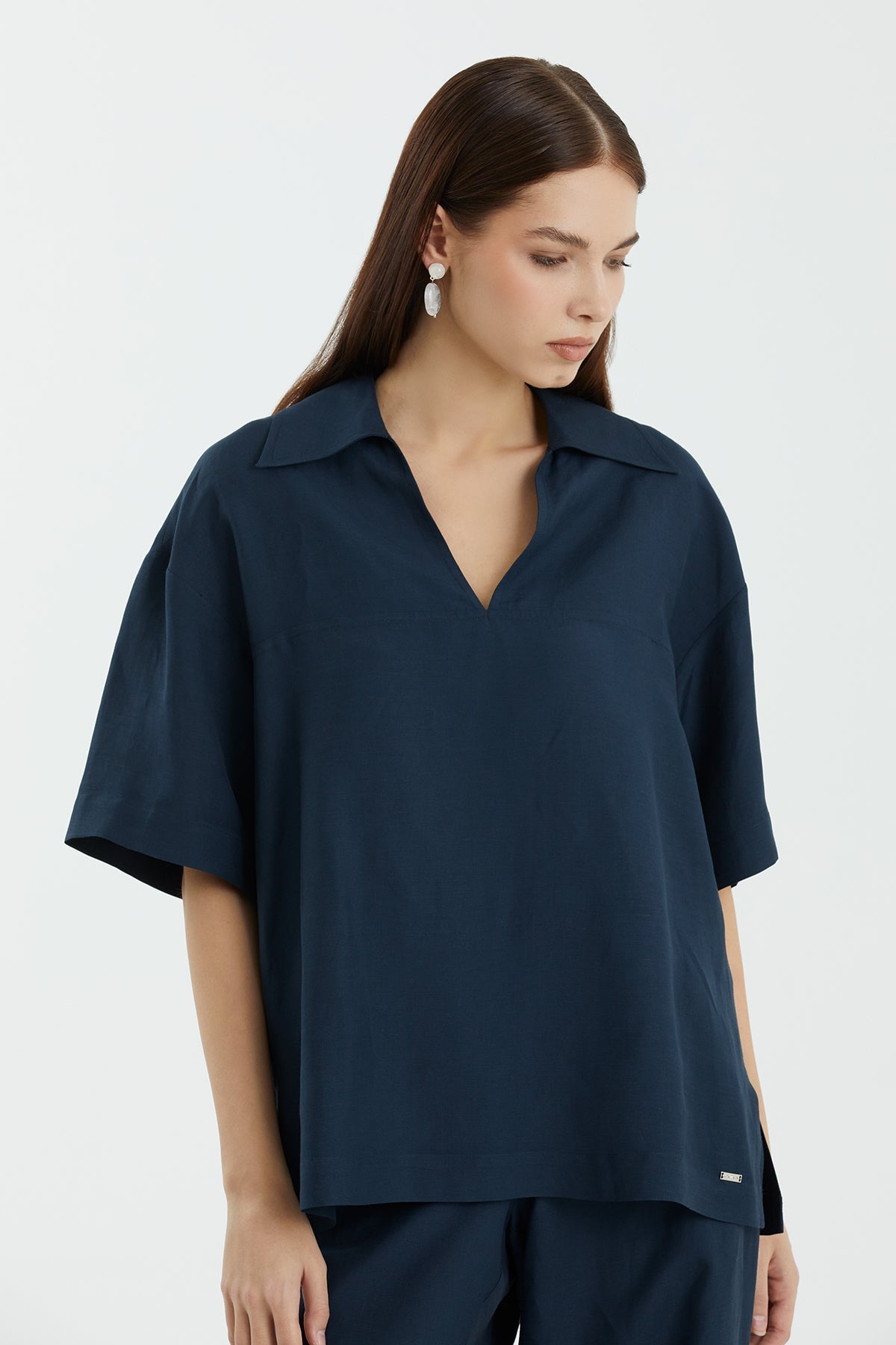 Dark Blue Short-Sleeve V-Neck Blouse