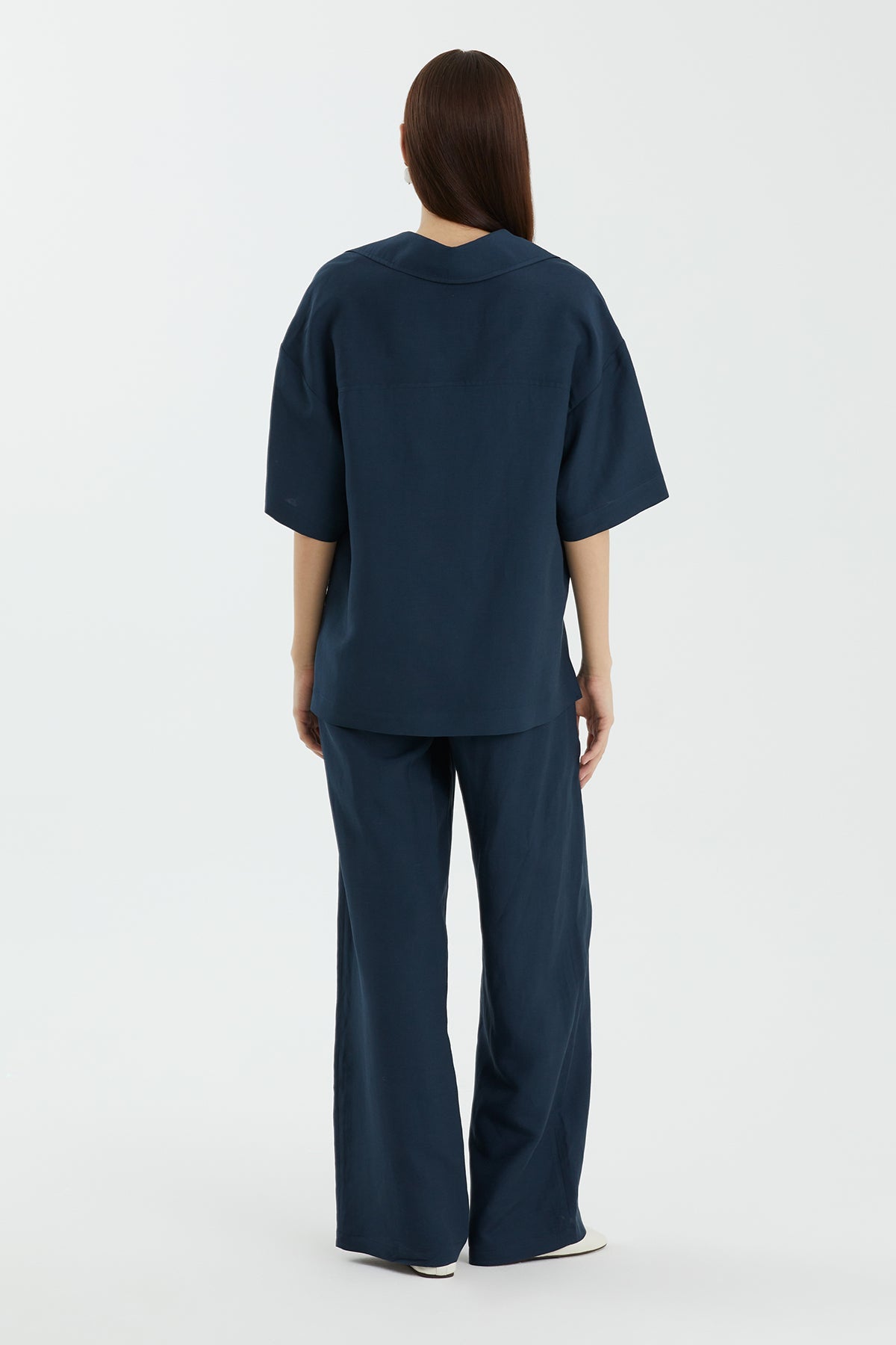 Dark Blue Short-Sleeve V-Neck Blouse