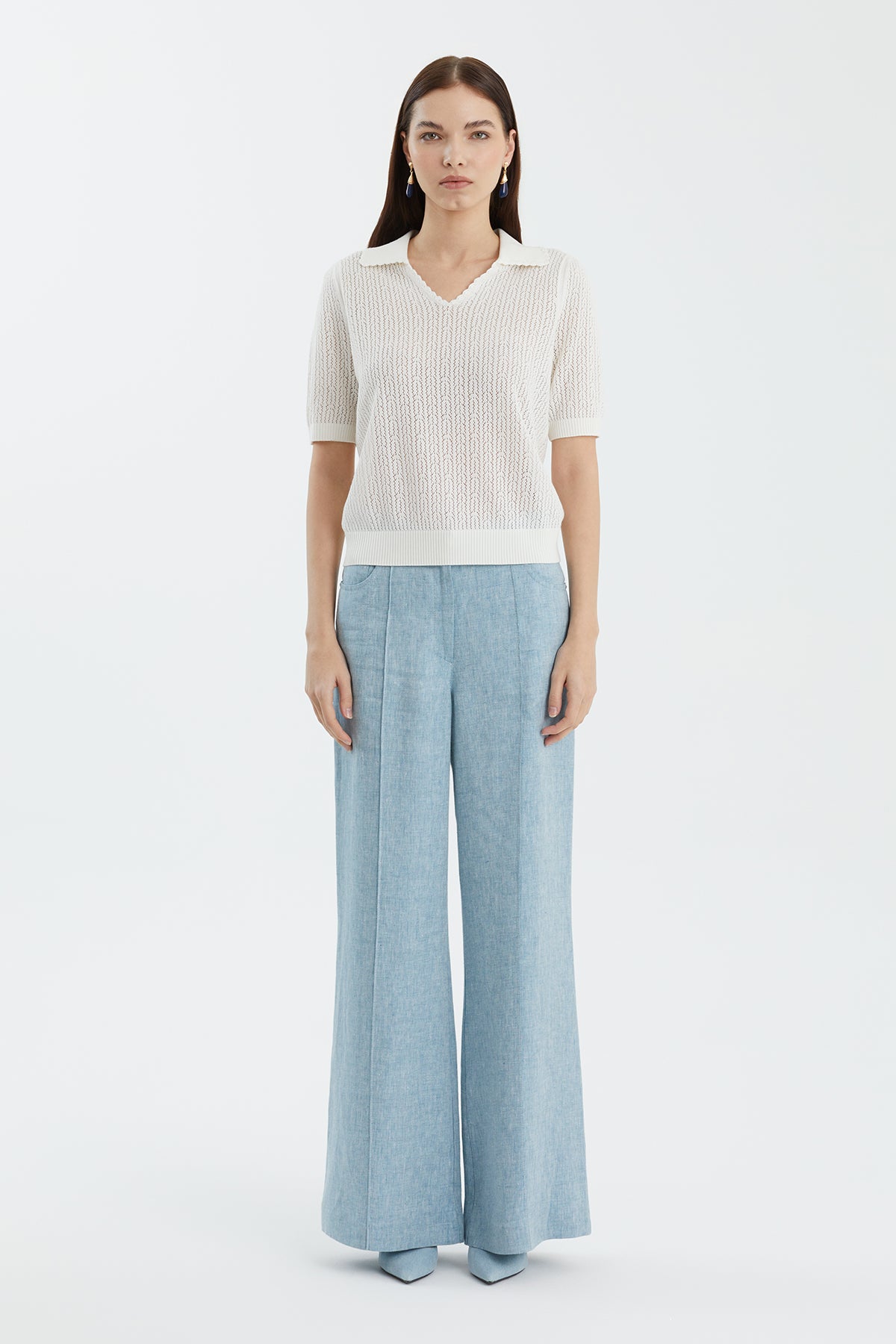 White Wool-Blend Polo Neck Knit