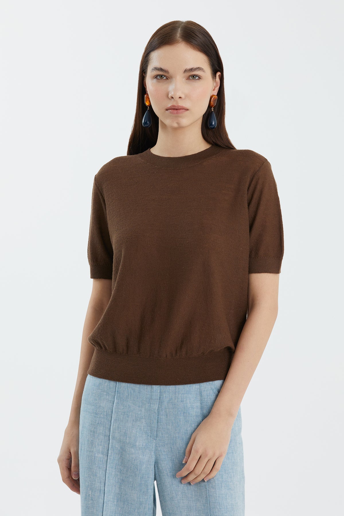 Brown Wool-Blend Crewneck Knit