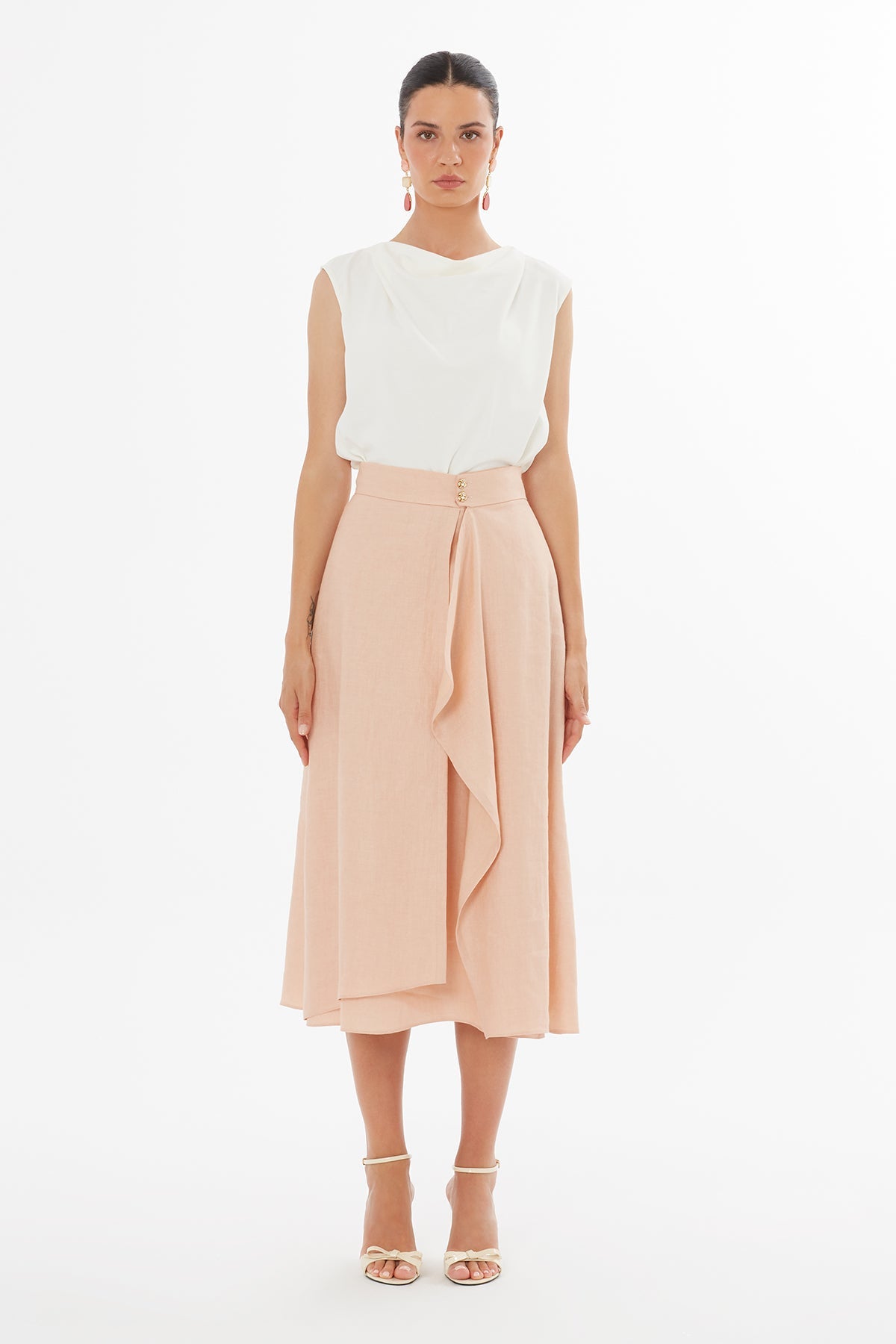 Pink Button Front Flared Skirt