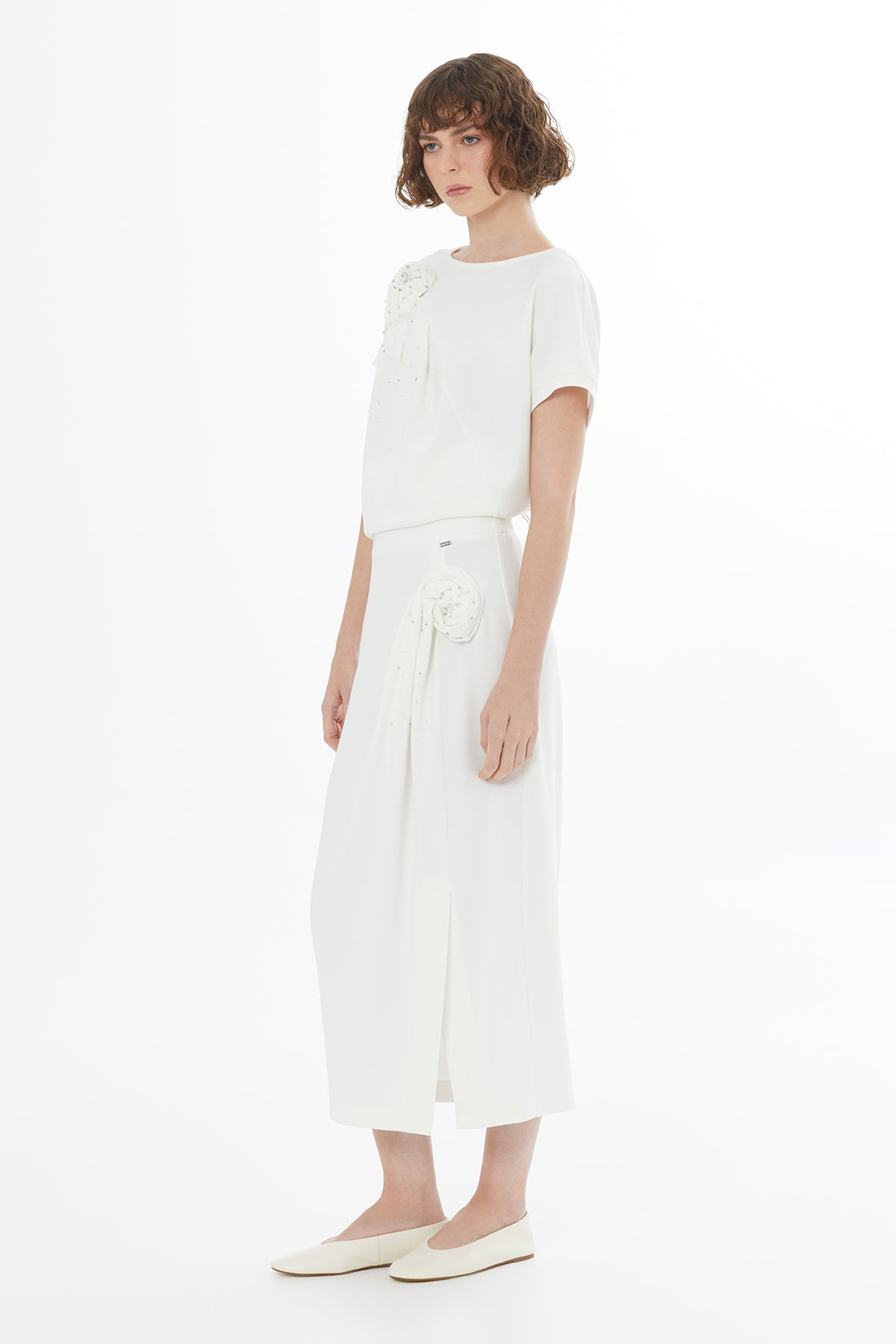 Ecru Rose Embroidered Midi Skirt