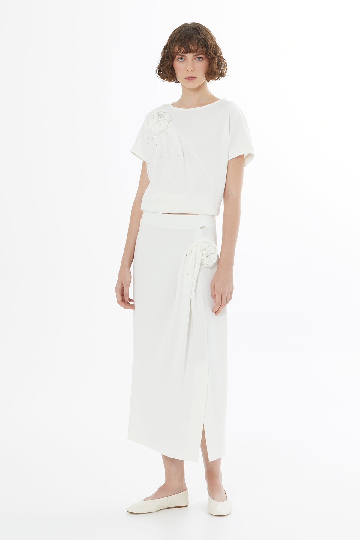 Ecru Rose Embroidered Midi Skirt